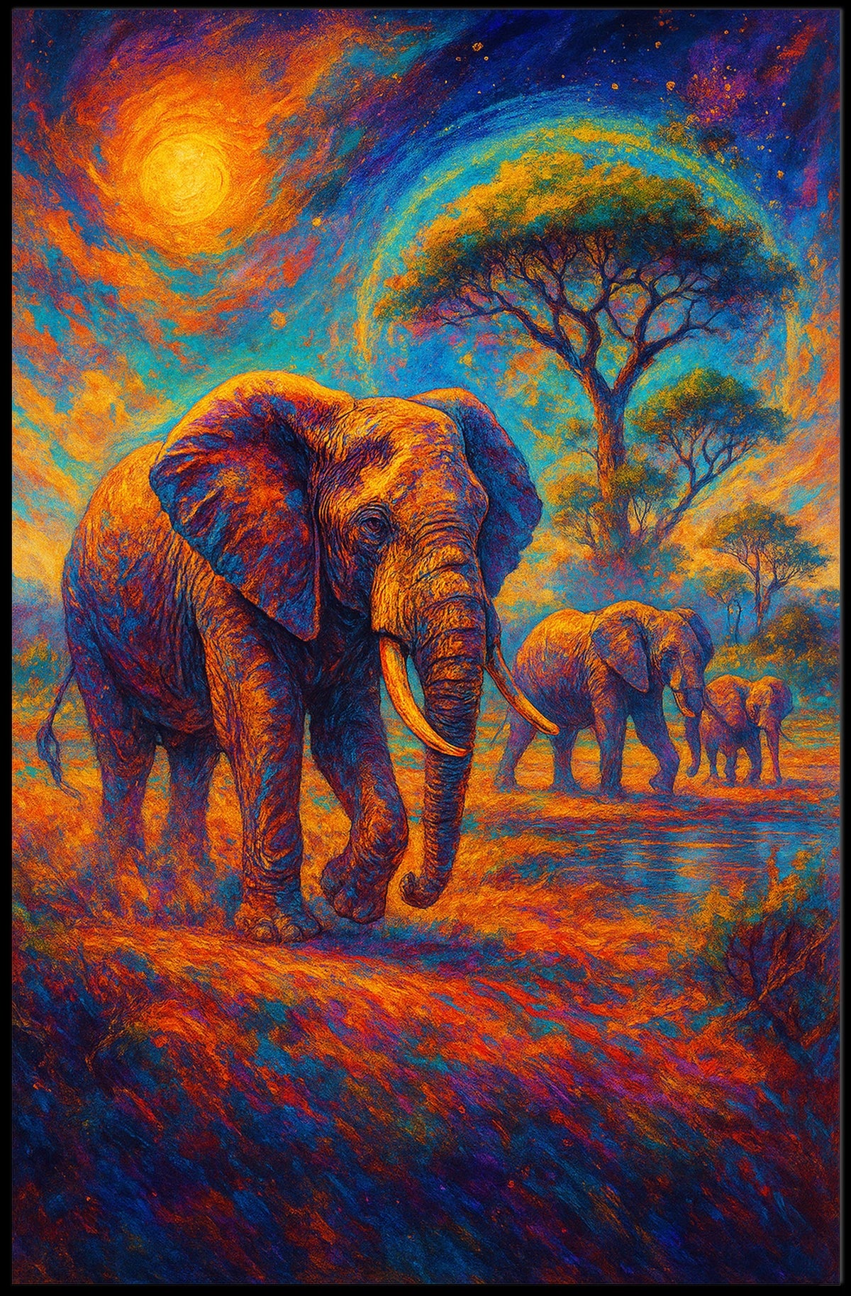 Majestic Elephants Safari Art Poster: Vibrant Landscape