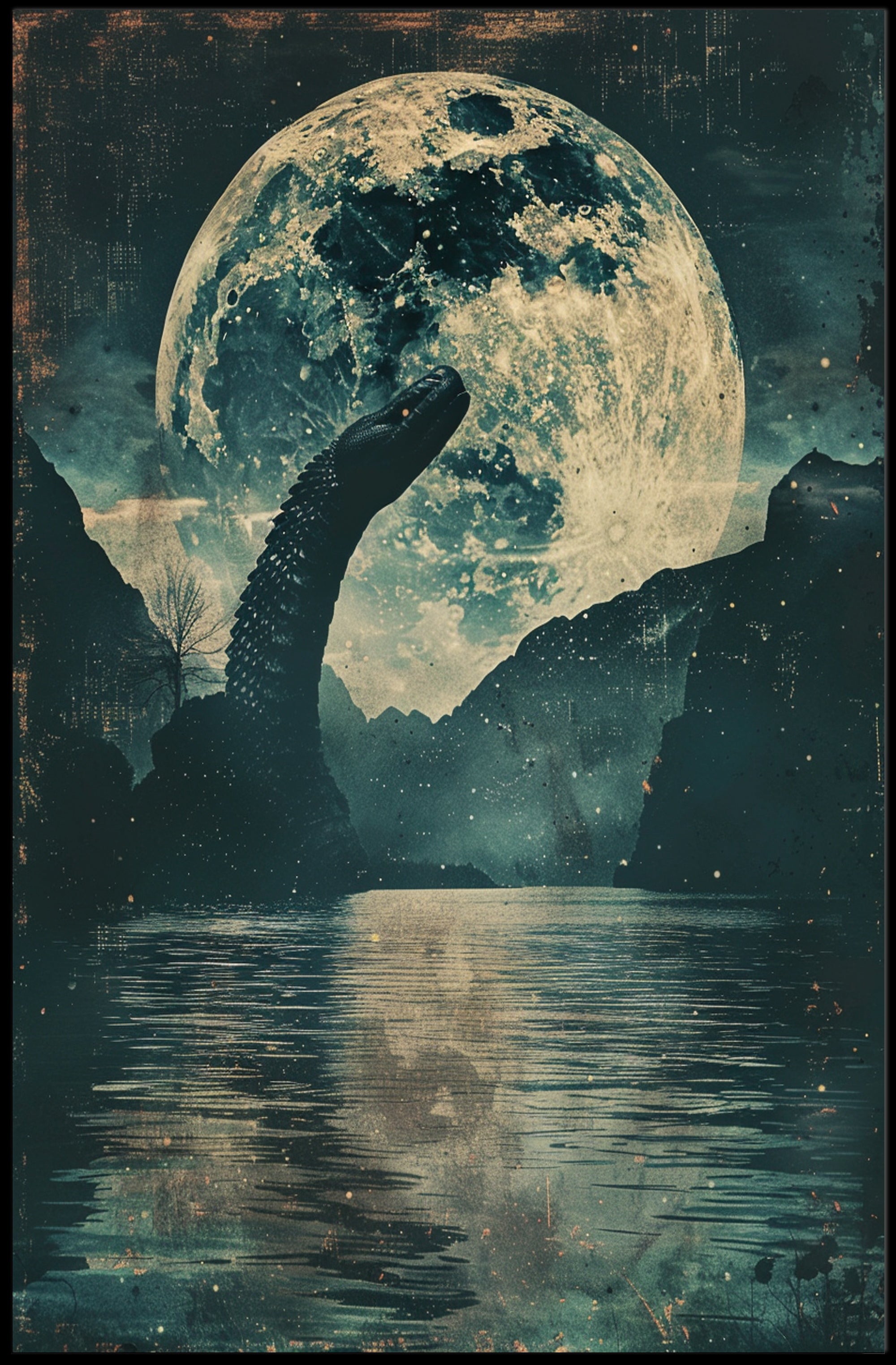 Mysterious Dinosaur Lake Moon Fantasy or Mythology Poster PosterGoat