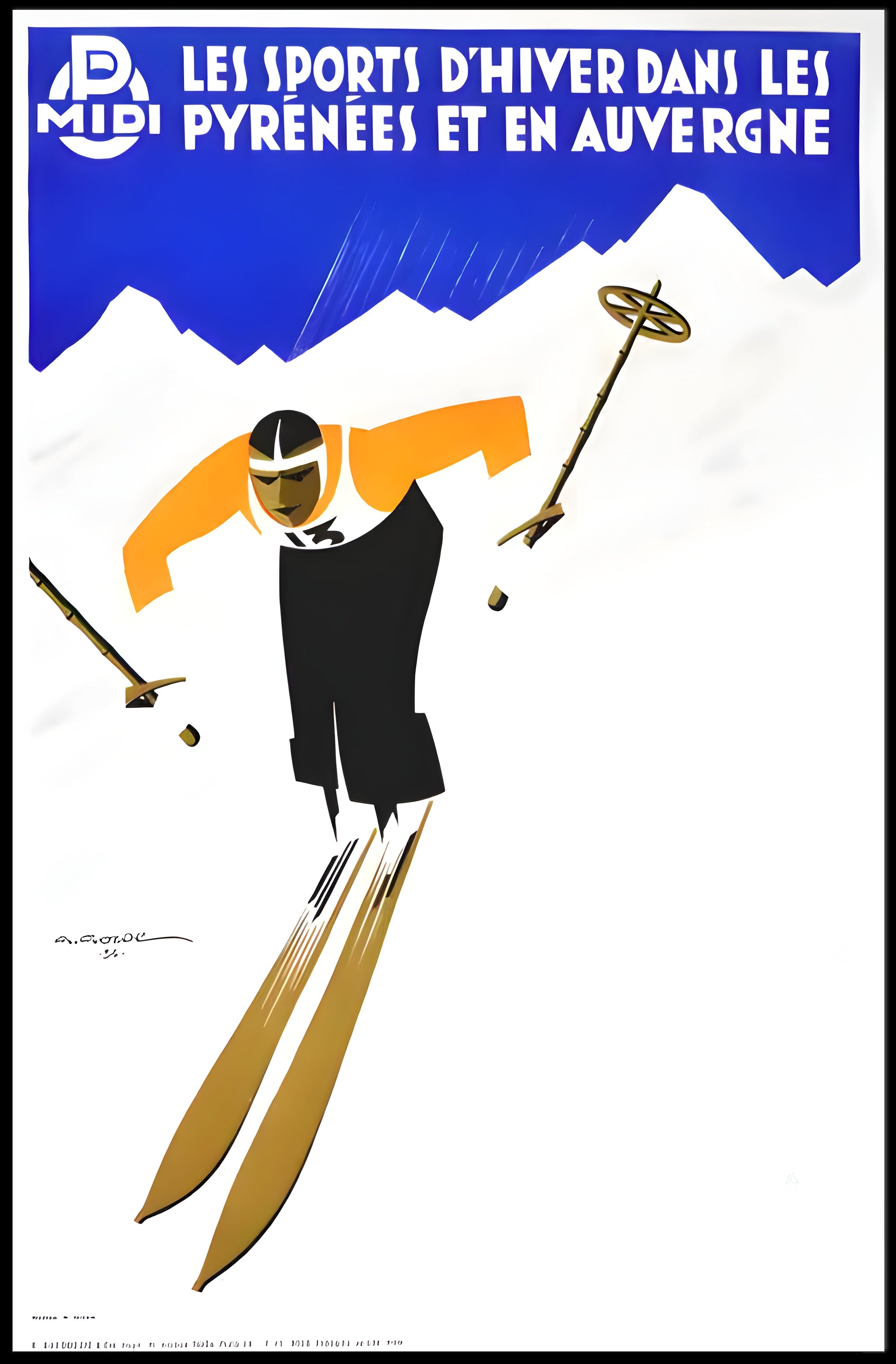 Dynamic Skier in Pyrenees Auvergne Winter Sports Poster PosterGoat