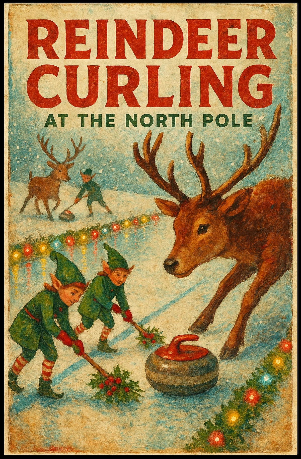 Reindeer Curling at the North Pole Poster