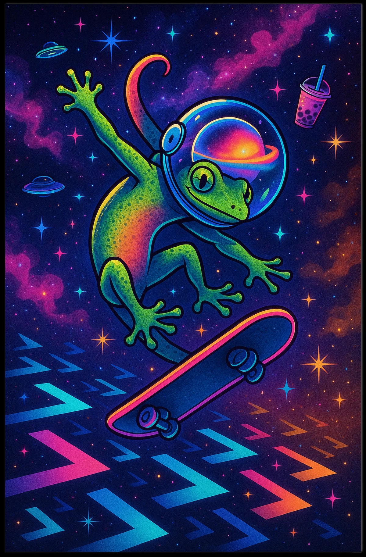 Cosmic Skateboarding Gecko Poster