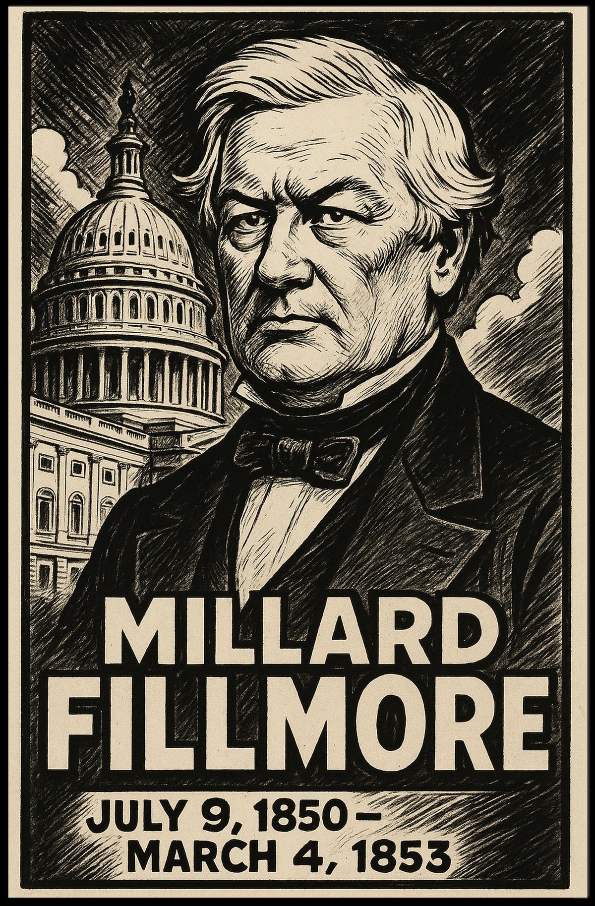 Millard Fillmore 13th President of the United States B & W Comic Sketch Poster