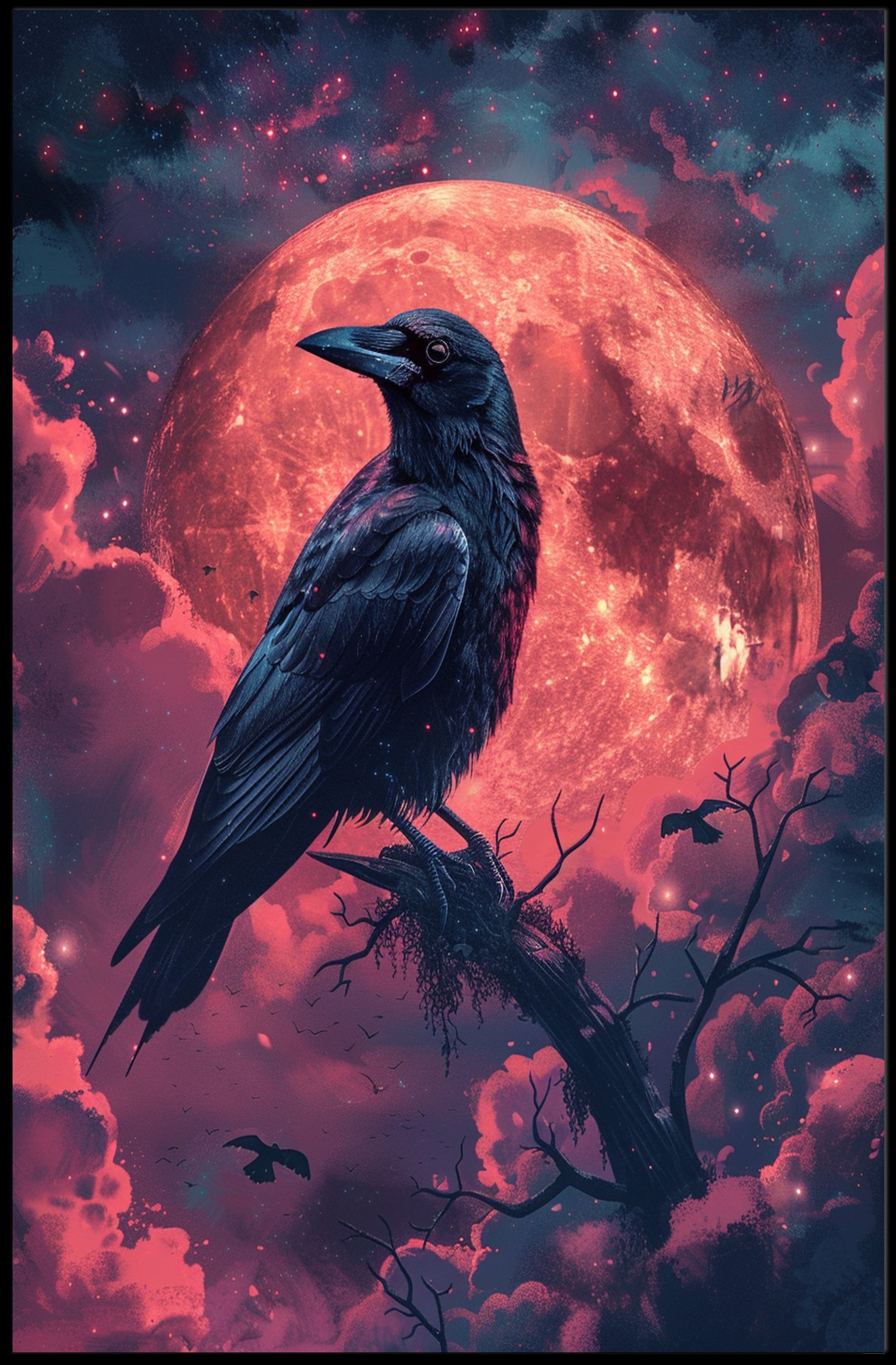 Mystical Raven Under Blood Moon Art Print Poster PosterGoat
