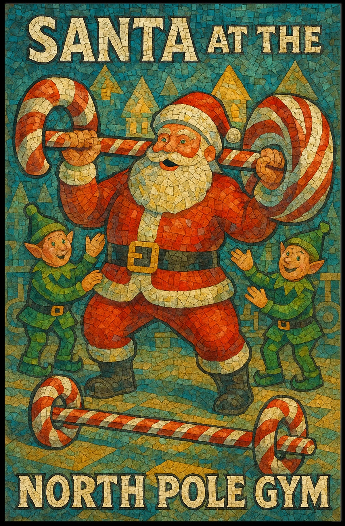 Santa Claus Lifting Candy Cane Barbell Poster