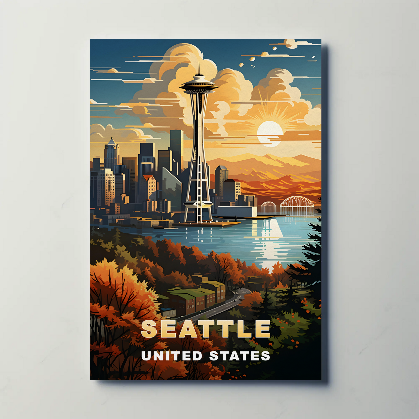 Seattle Space Needle Autumn Sunset Vintage Travel Poster