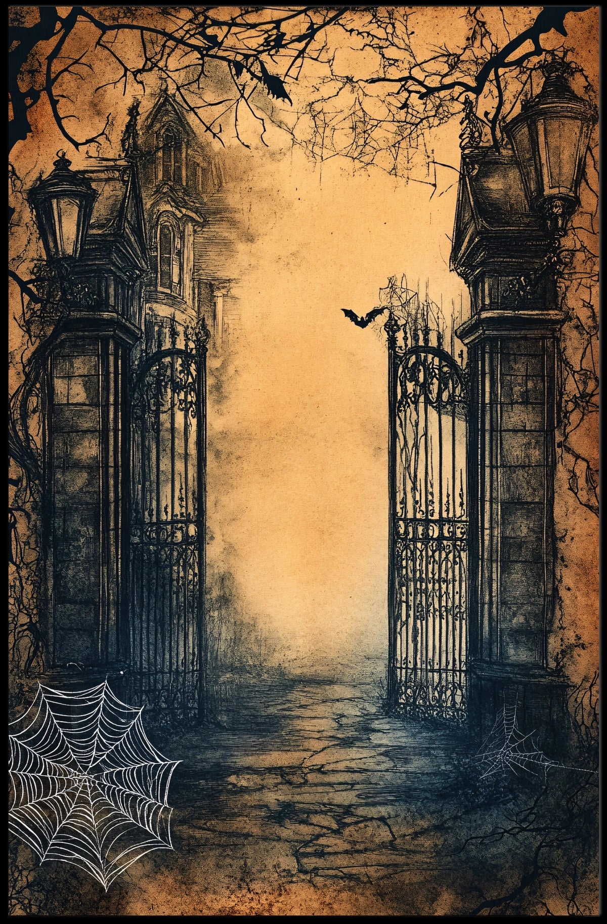 Dark Gothic Mansion Gate Horror Vintage Scene Artistic Poster