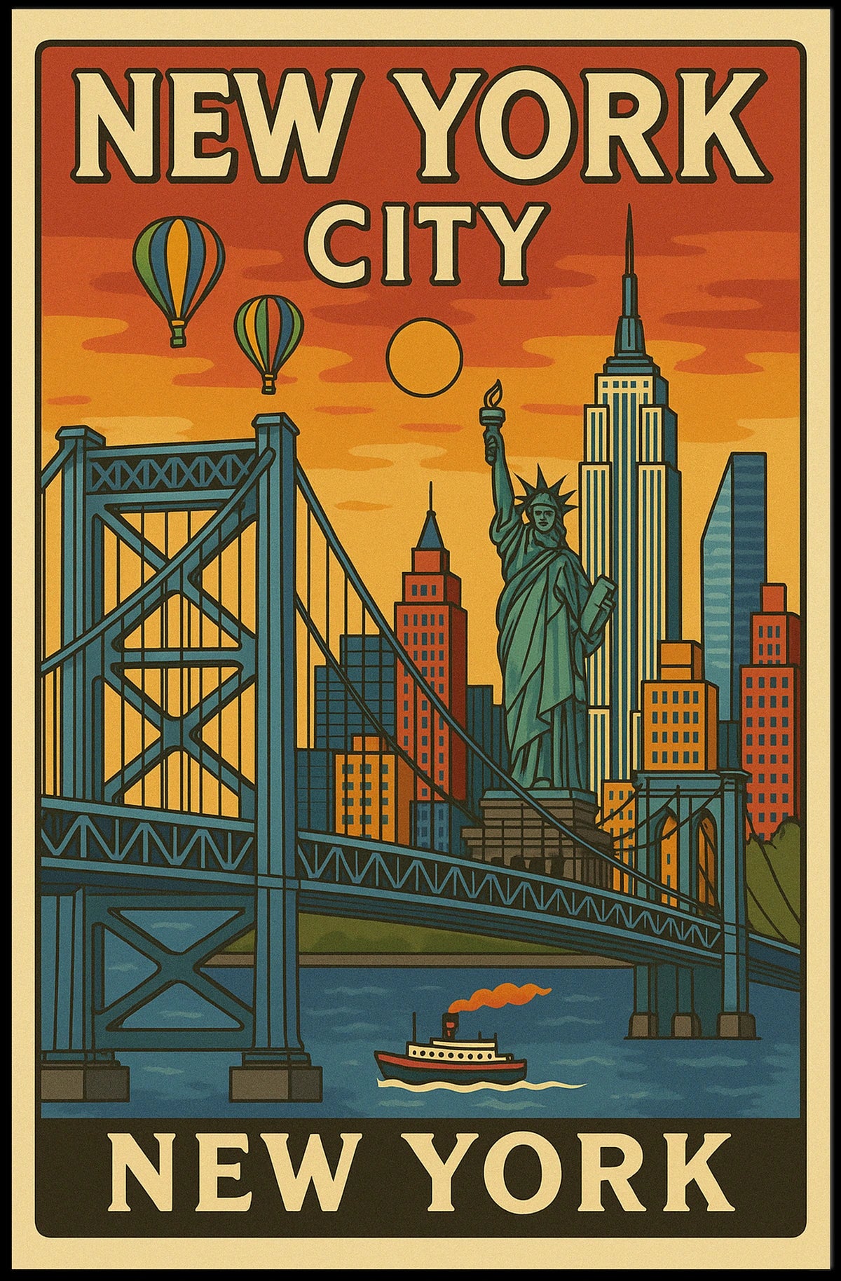 New York Cityscape Poster Vintage Travel Decor Wall Art