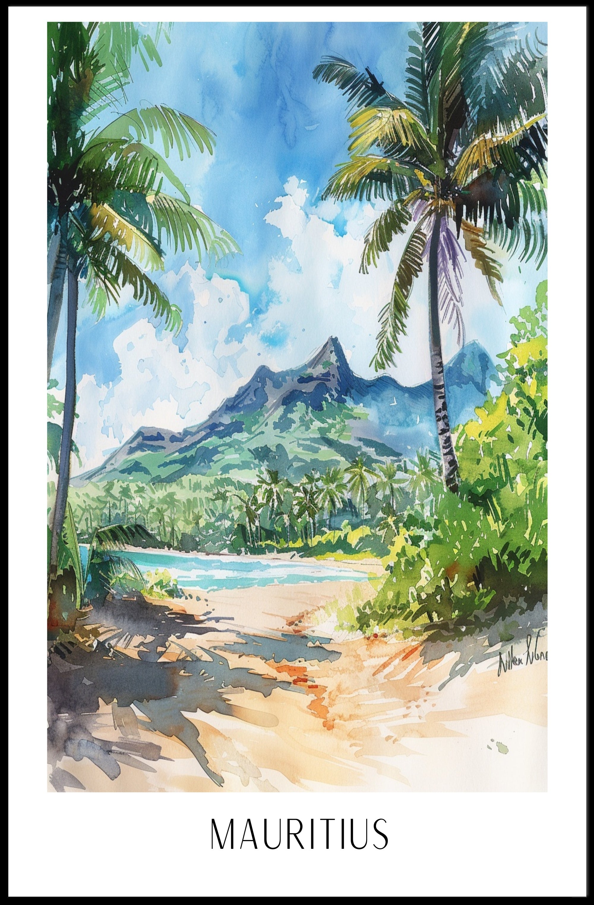 Mauritius Watercolor Landscape Travel Poster PosterGoat