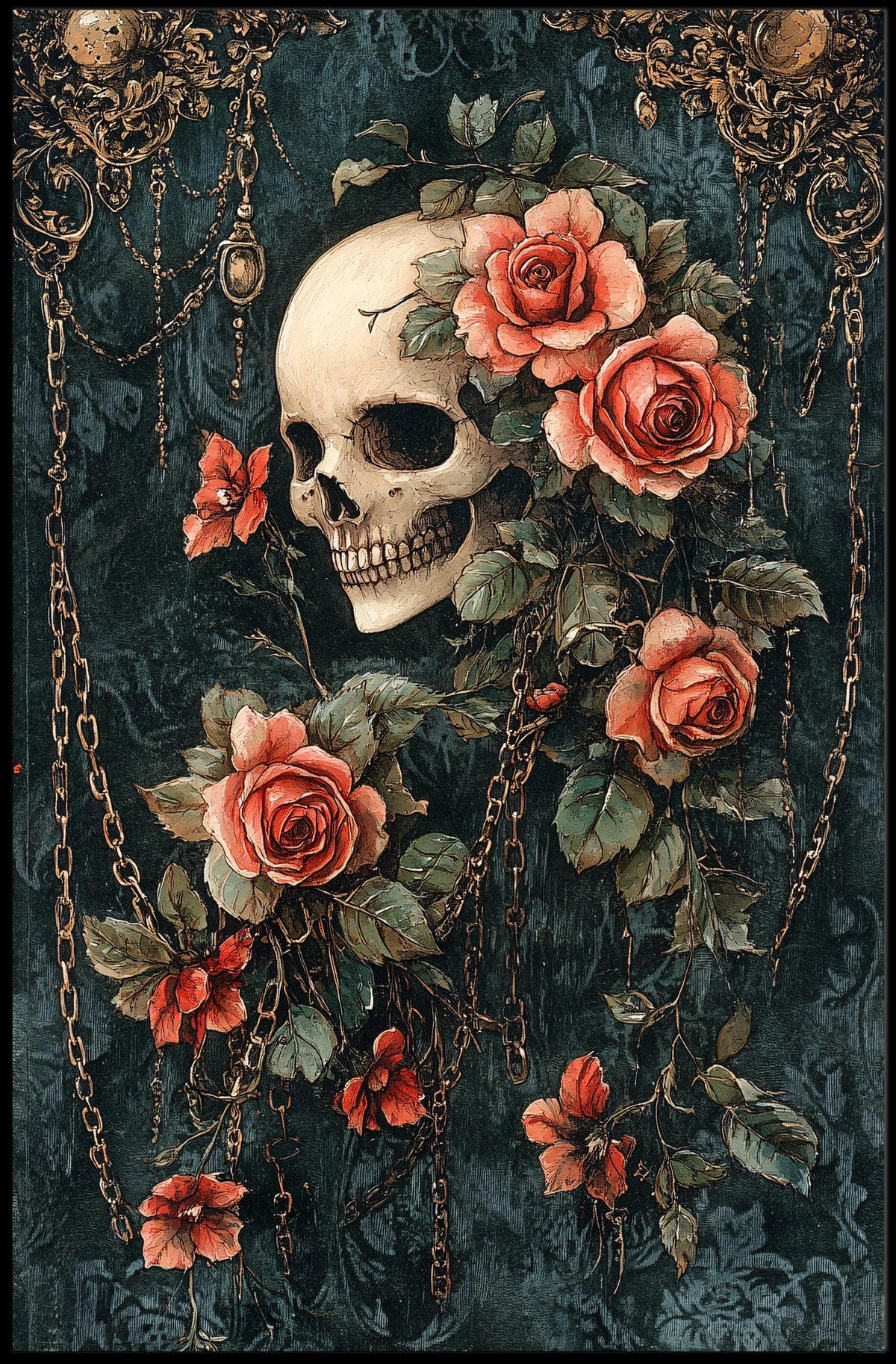Human Skull and Roses Gothic Artistic, Pop Culture Poster