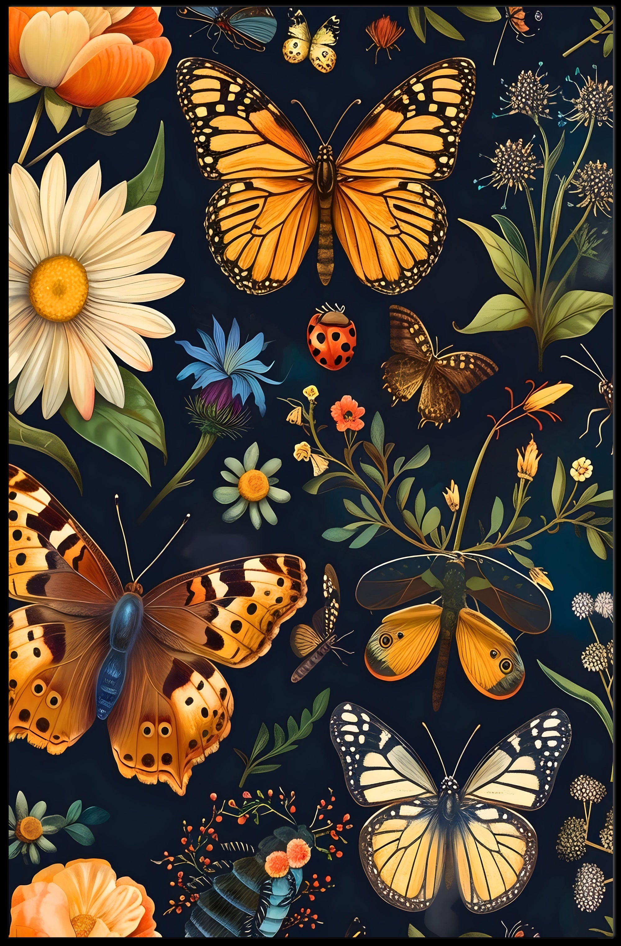 Colorful Nature Art: Butterfly and Flower Animal Poster