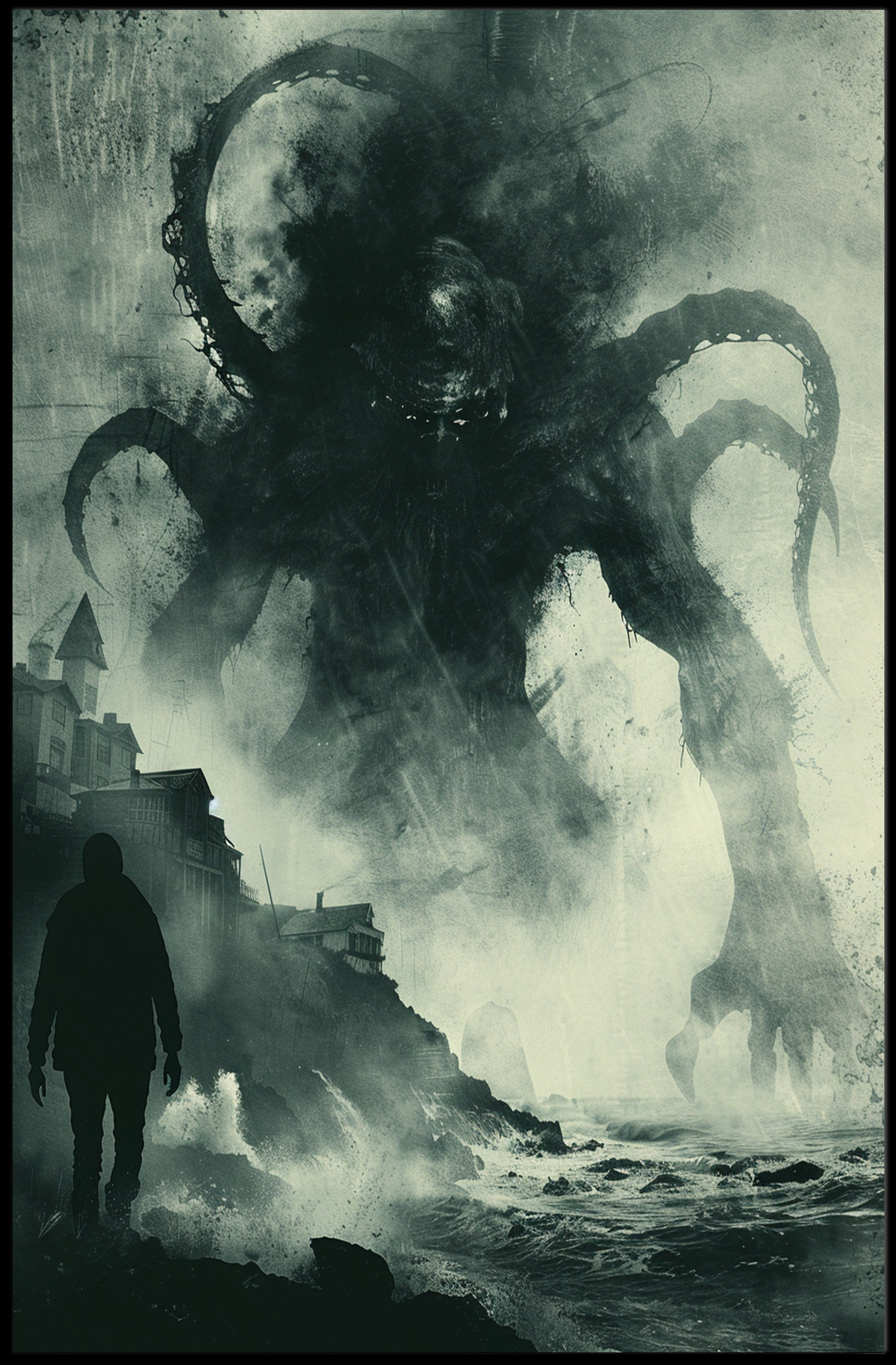 Dramatic Tentacled Monster in Stormy Coast Fantasy Poster PosterGoat