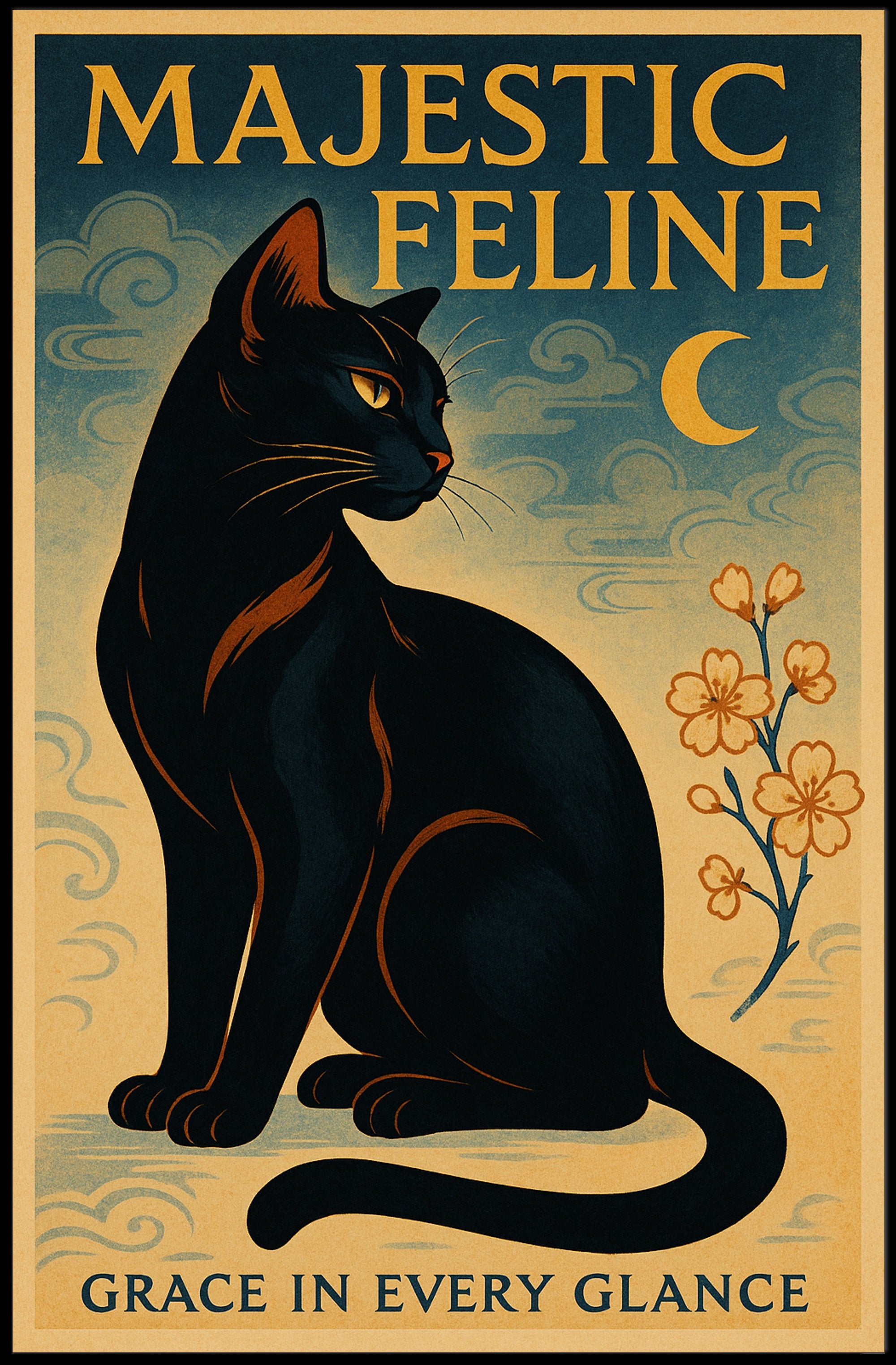 Elegant Black Cat Vintage Artistry Animal Poster