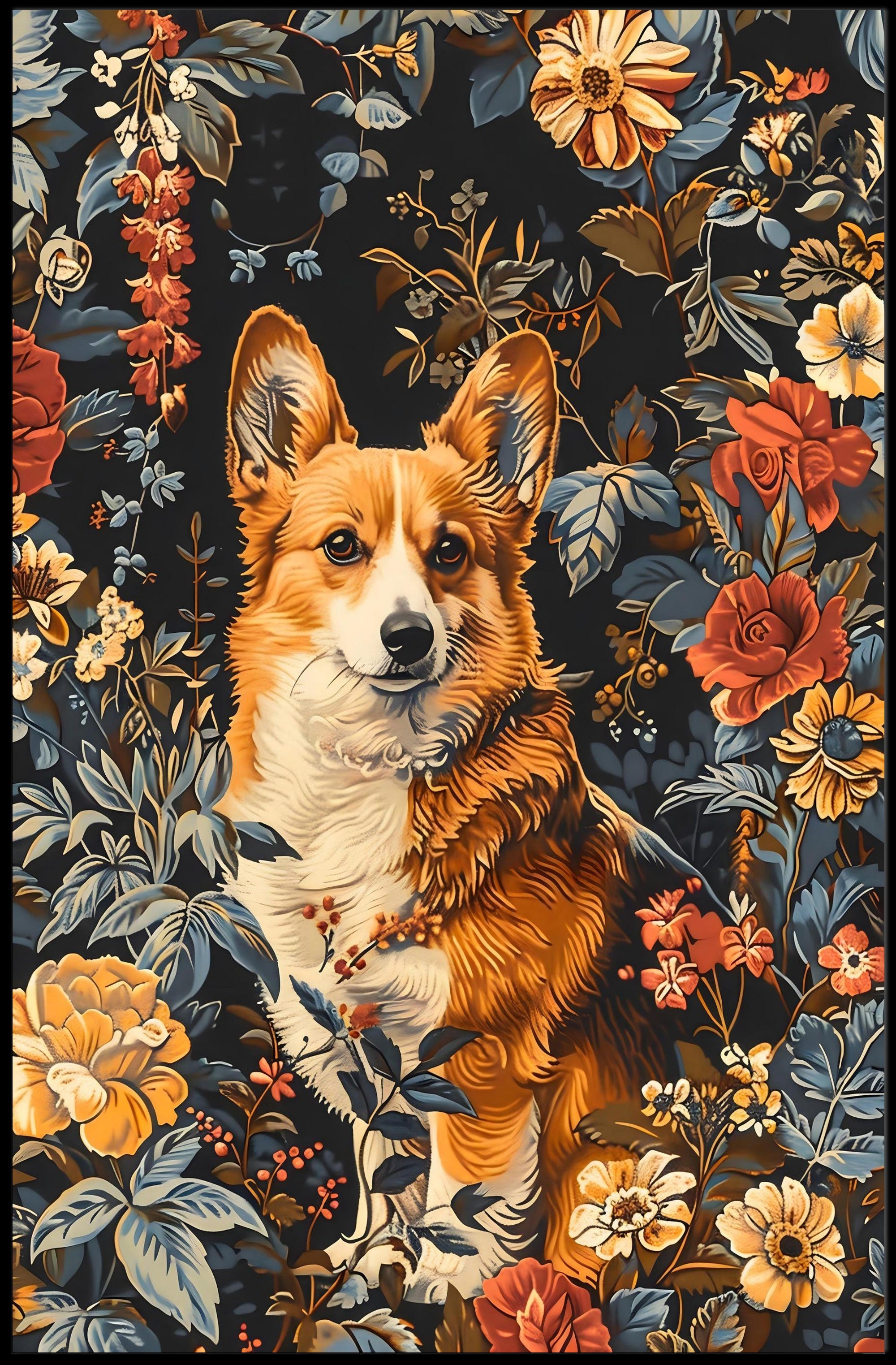 Floral Corgi Portrait Wall Art Print