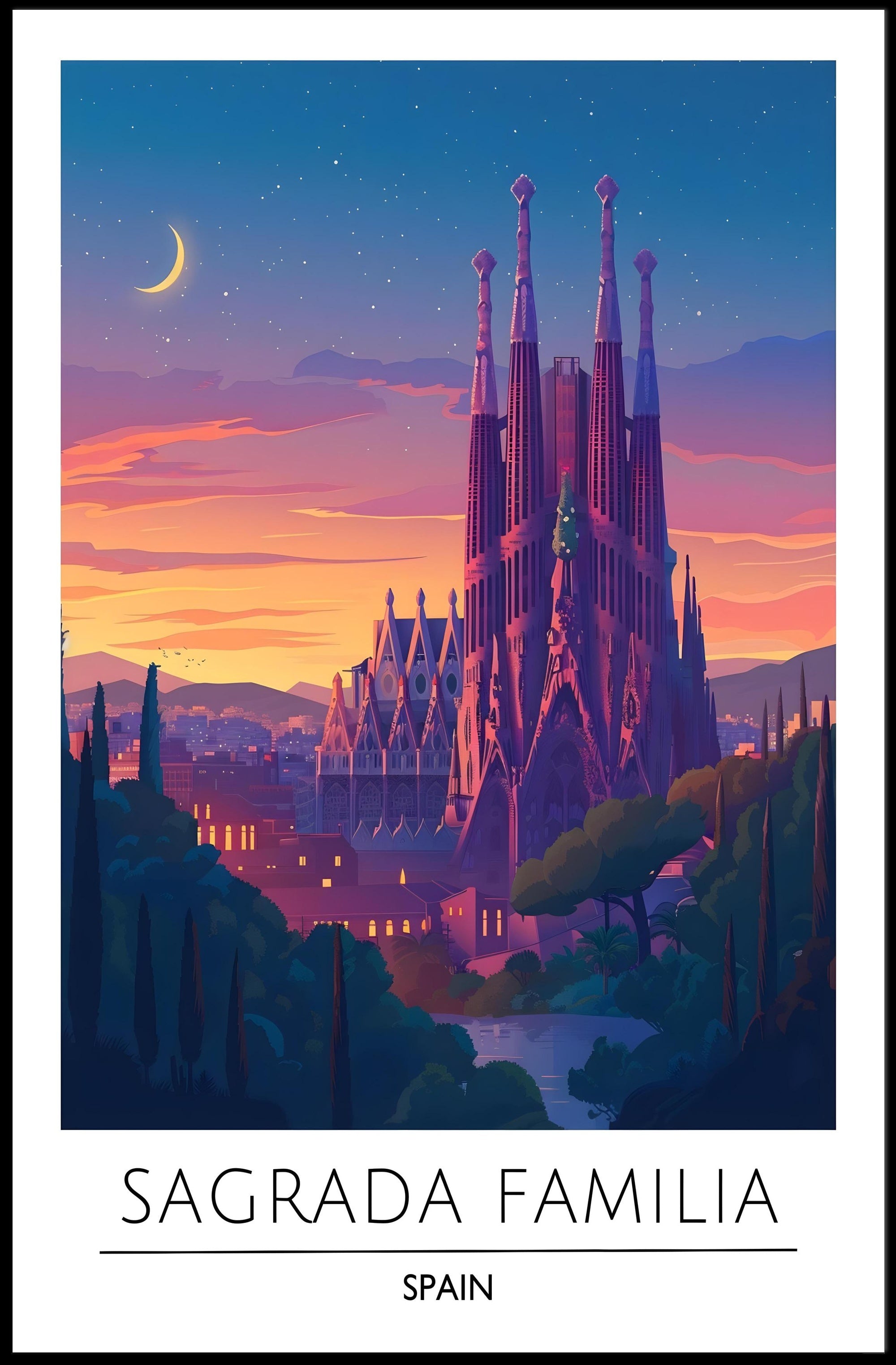 Sagrada Familia Twilight Travel Art Poster