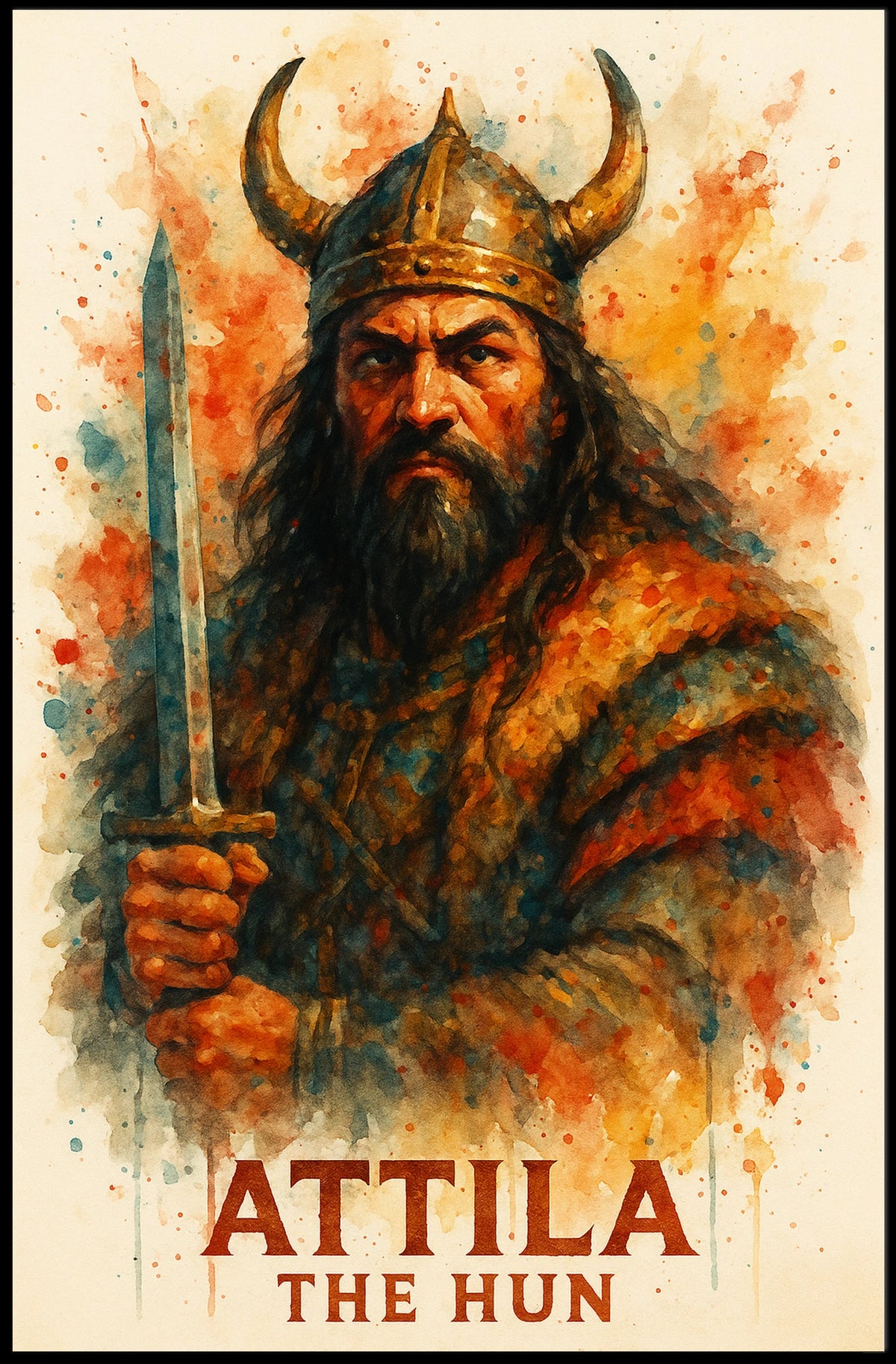 Attila the Hun Watercolor Warrior Art Poster