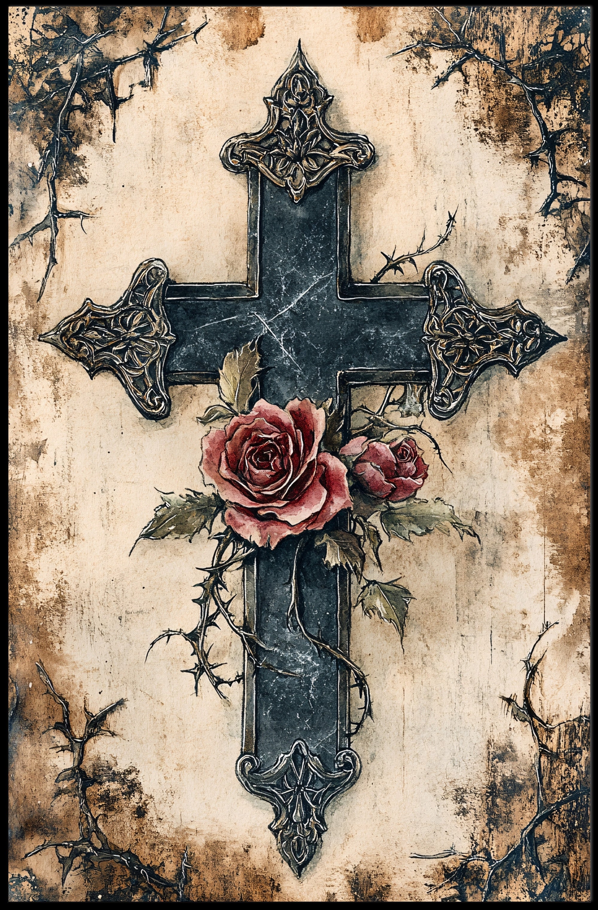 Roses And Cross Poster