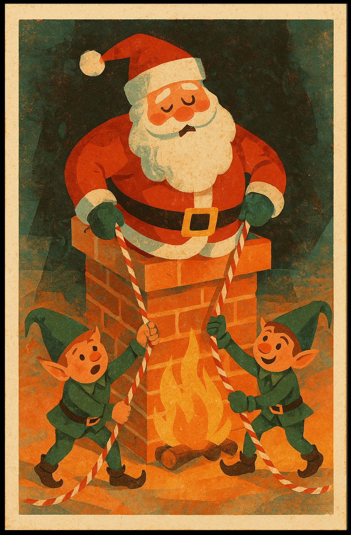 Whimsical Vintage Christmas Poster with Santa and Elves