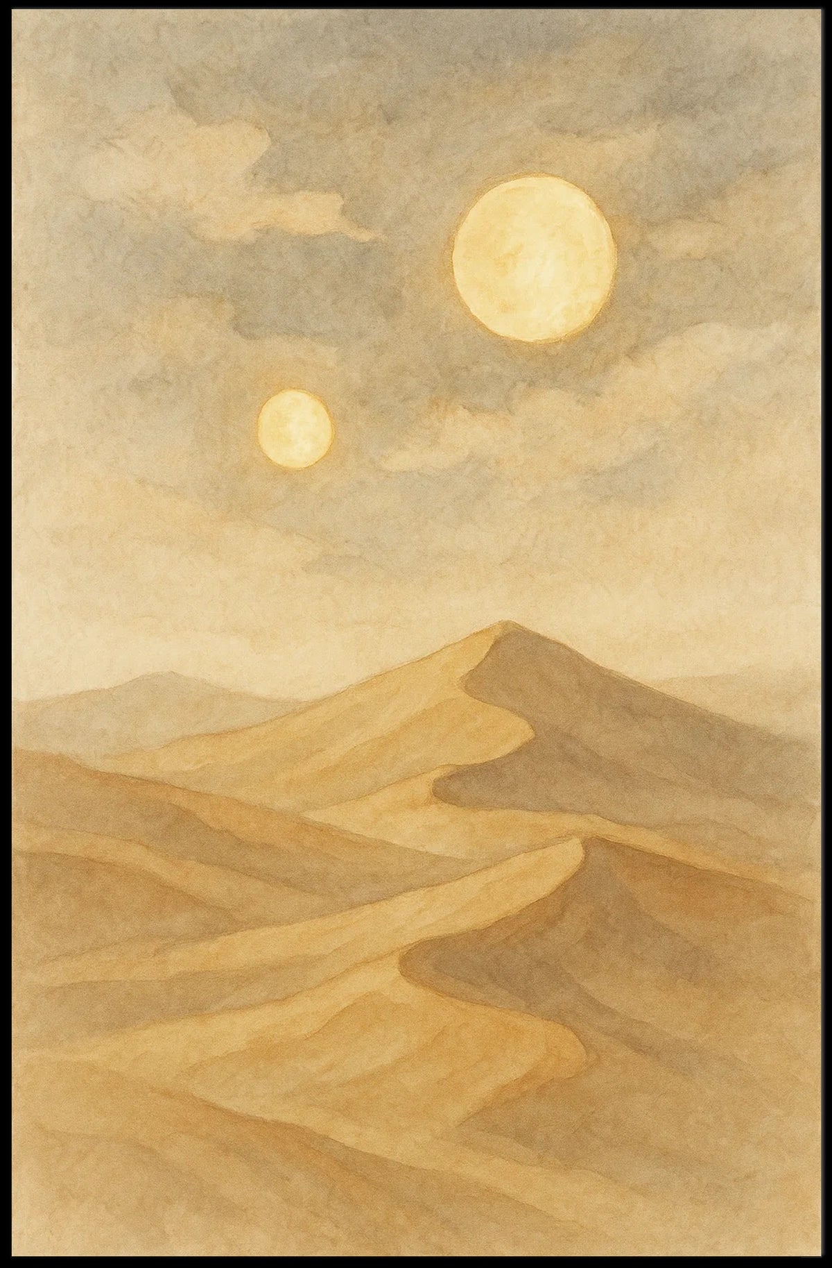 Twin Suns Over Desert Landscape Poster