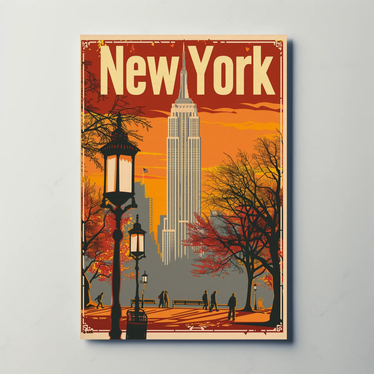 New York Orange Sky Autumn Cityscape Vintage Travel Poster