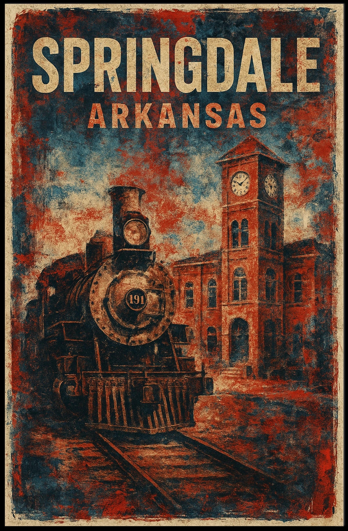 Vintage Locomotive Nostalgic Railroad Art Steampunk Retro Inspired Clock Tower Illustration Rail Enthusiasts Poster