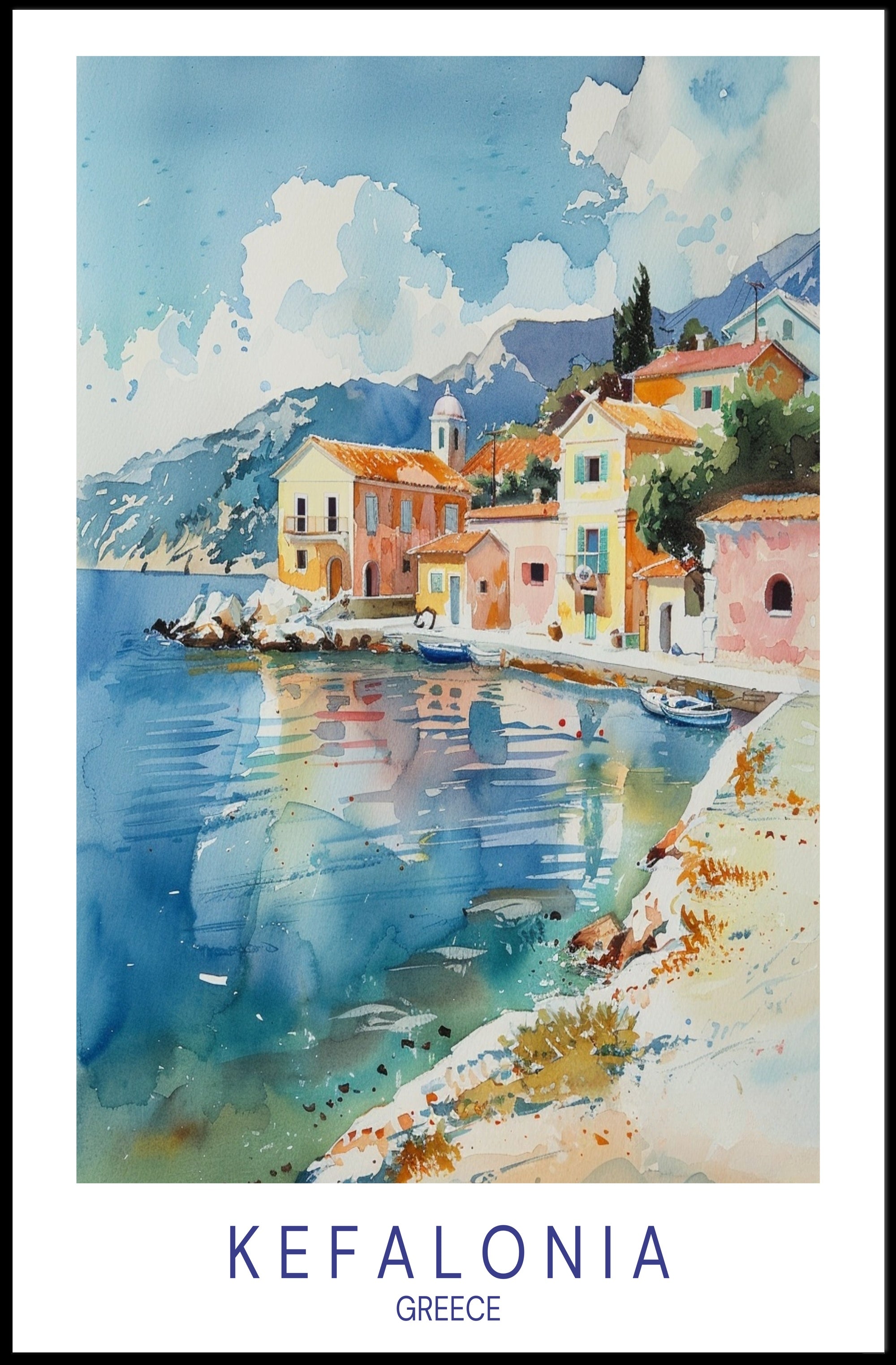Kefalonia Coastal Serenity Watercolor Travel Poster PosterGoat