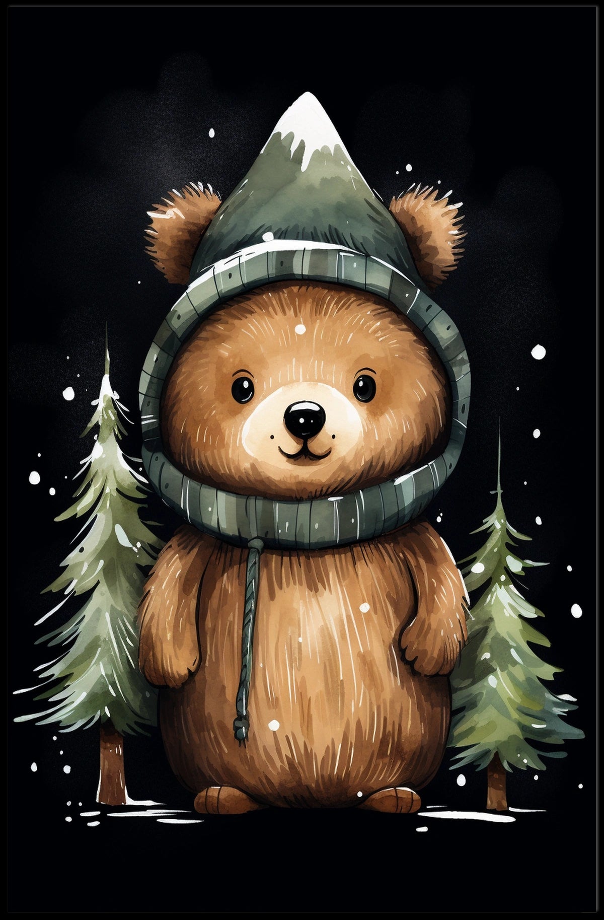 Whimsical Bear in Mountain Hood Cartoon Poster