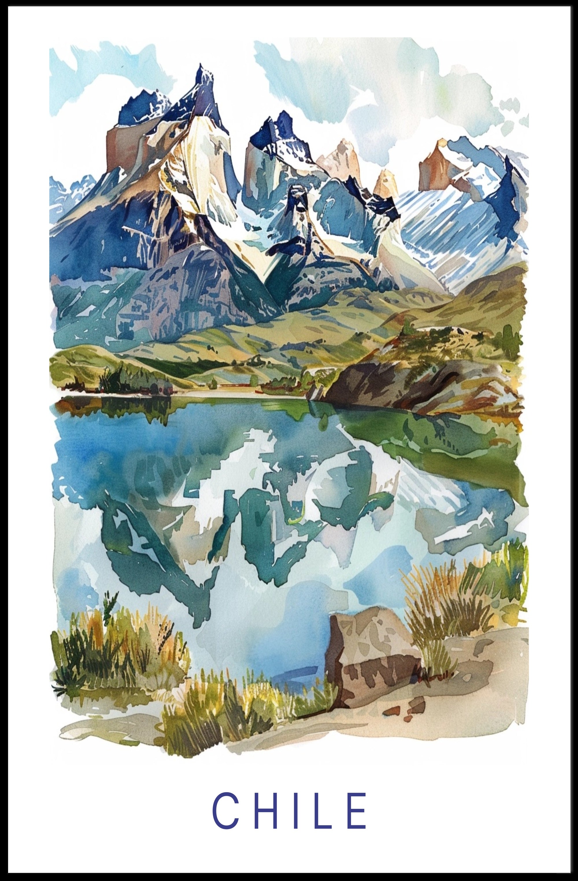 Picturesque Watercolor Patagonia Landscape Travel Poster PosterGoat