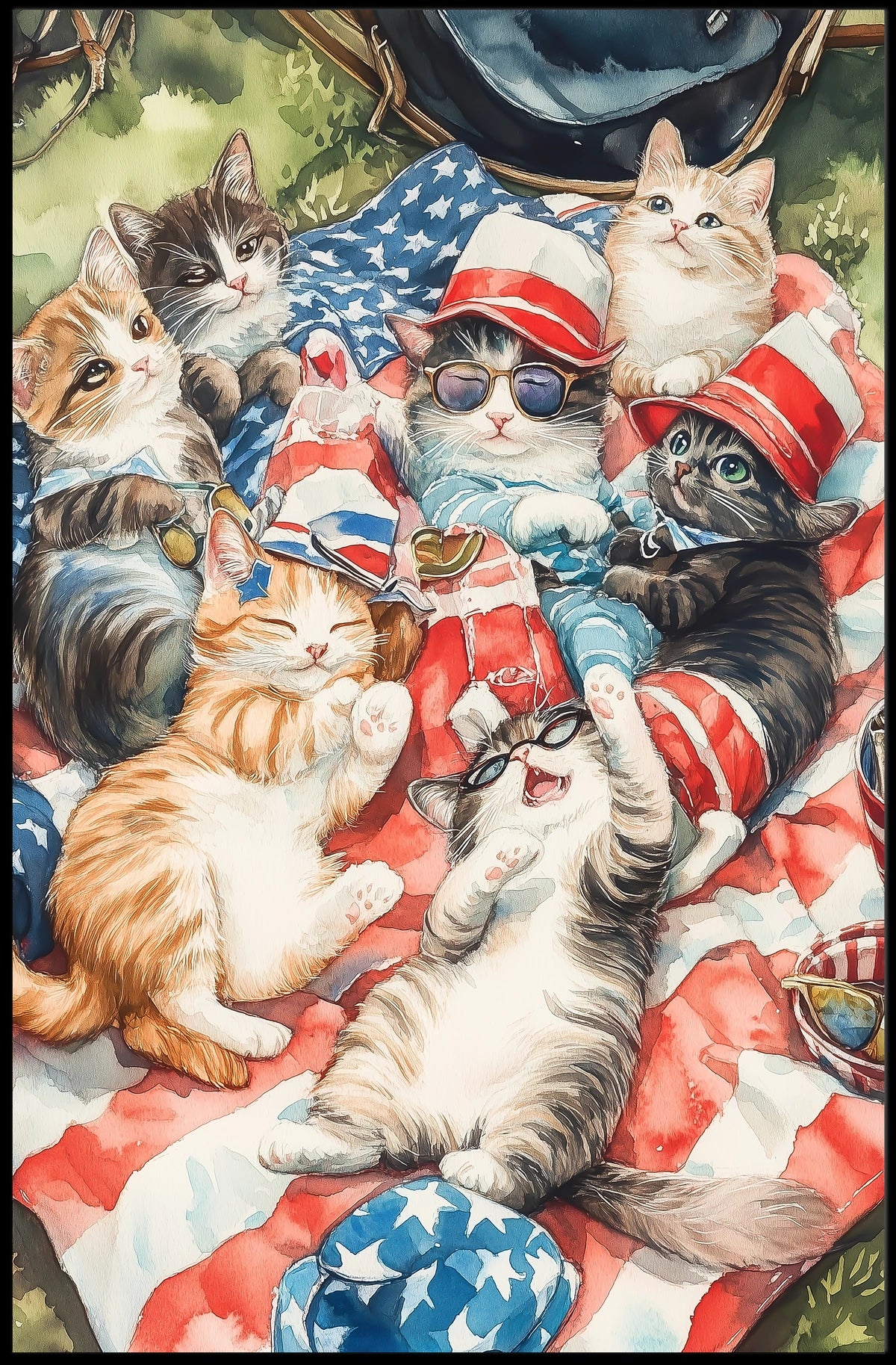 Patriotic Cats Lounging On American Flag Blanket Poster