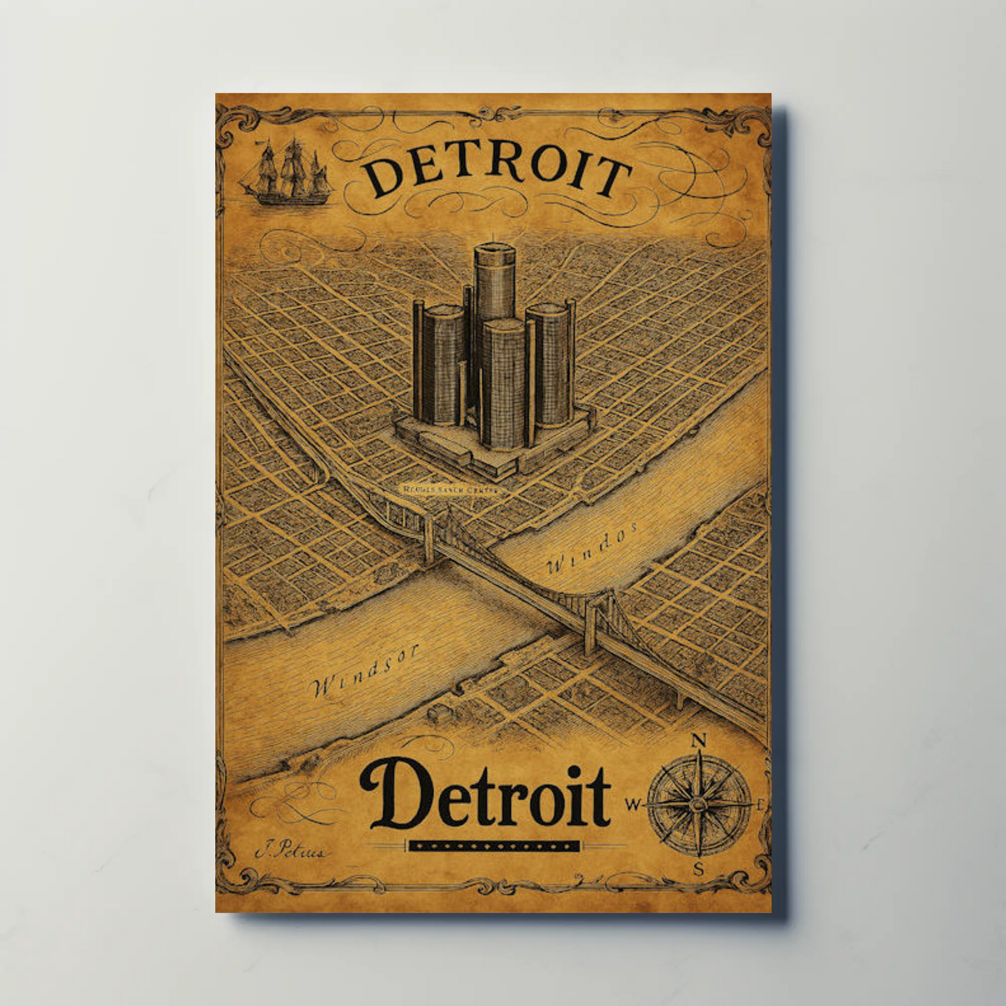 Detroit Historic Map Renaissance Center Travel Poster