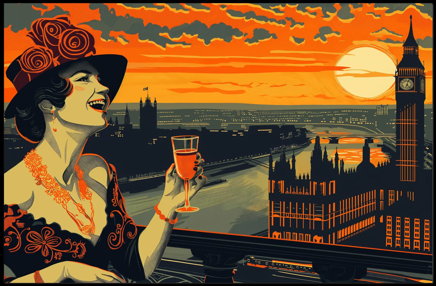 The poster portrays a glamorous, vintage-inspired scene with a woman in the foreground. Travel Poster