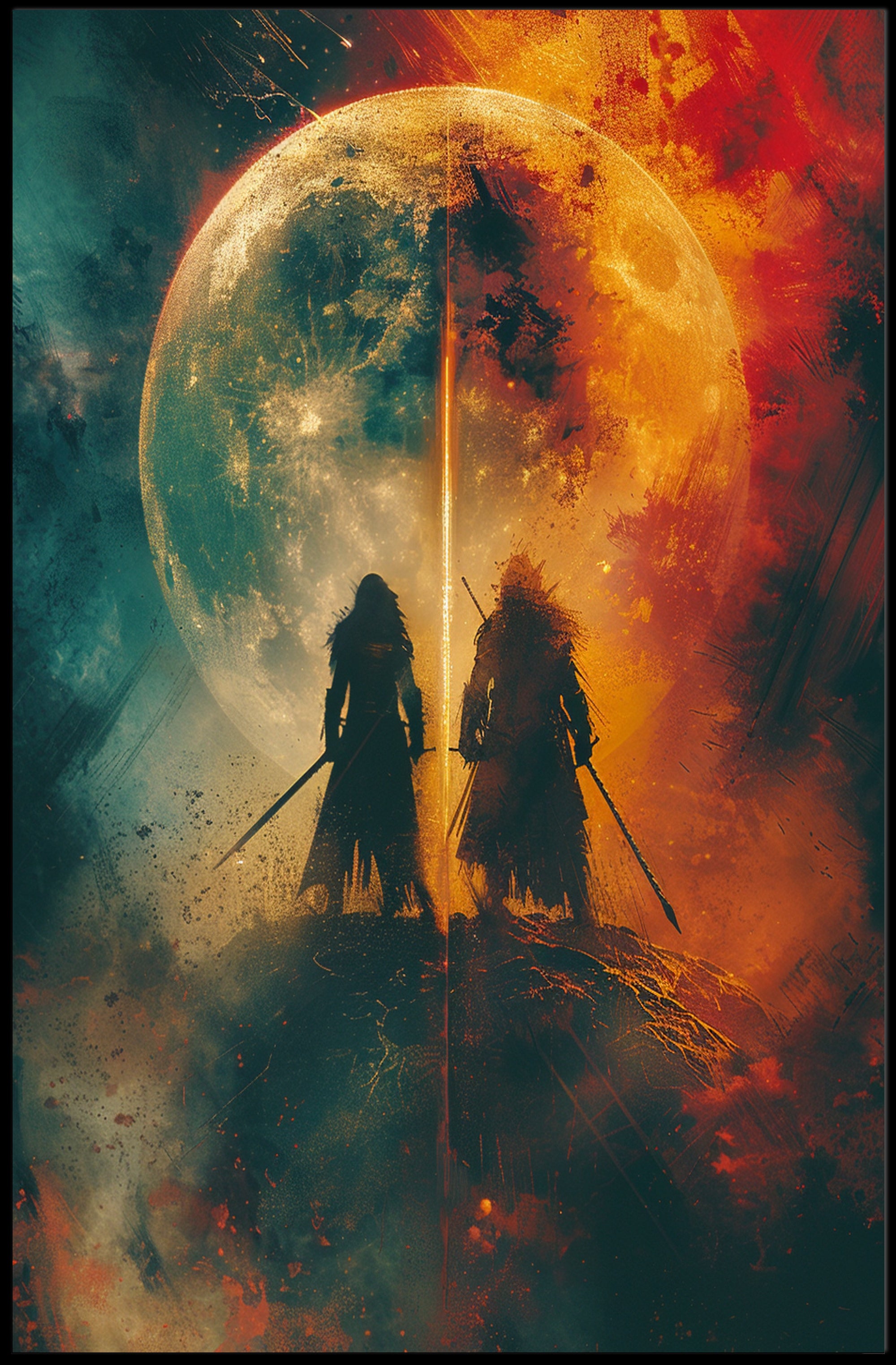 Celestial Warriors Under Twin Moons Fantasy or Mythology Poster PosterGoat
