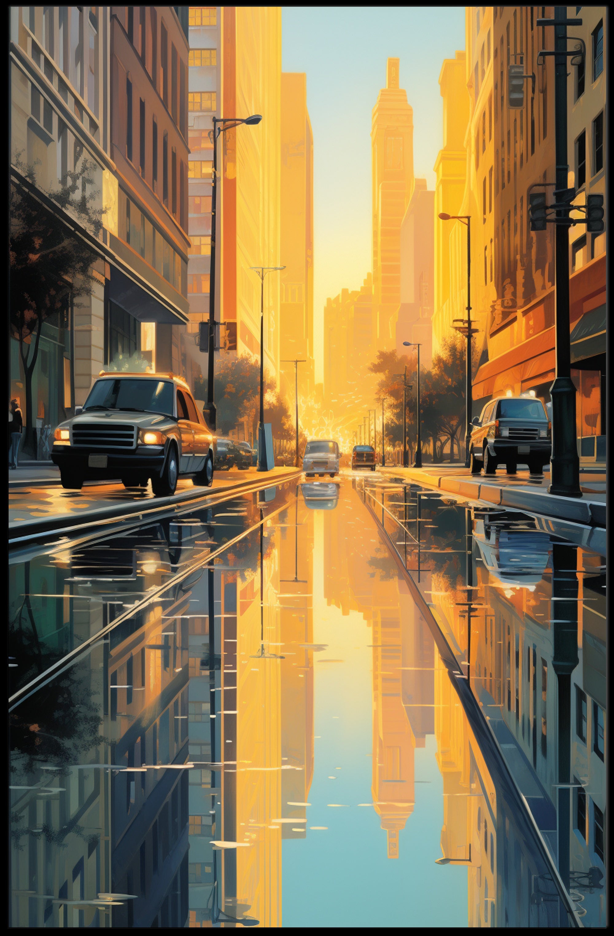 Urban Reflections: Serene Street Scene Artistic Poster