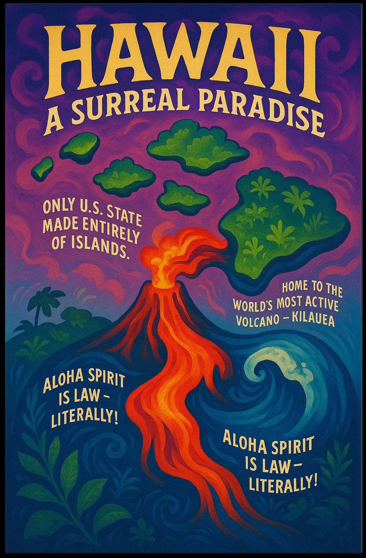 The poster features a vibrant and surreal depiction of Hawaii. The core subject Travel Poster