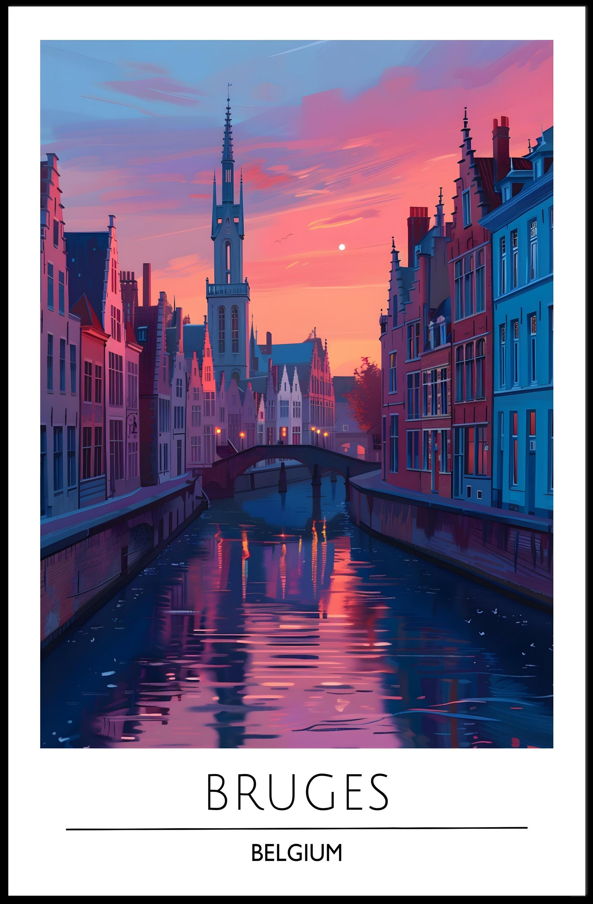 Scenic Bruges Canal Sunset Travel Poster