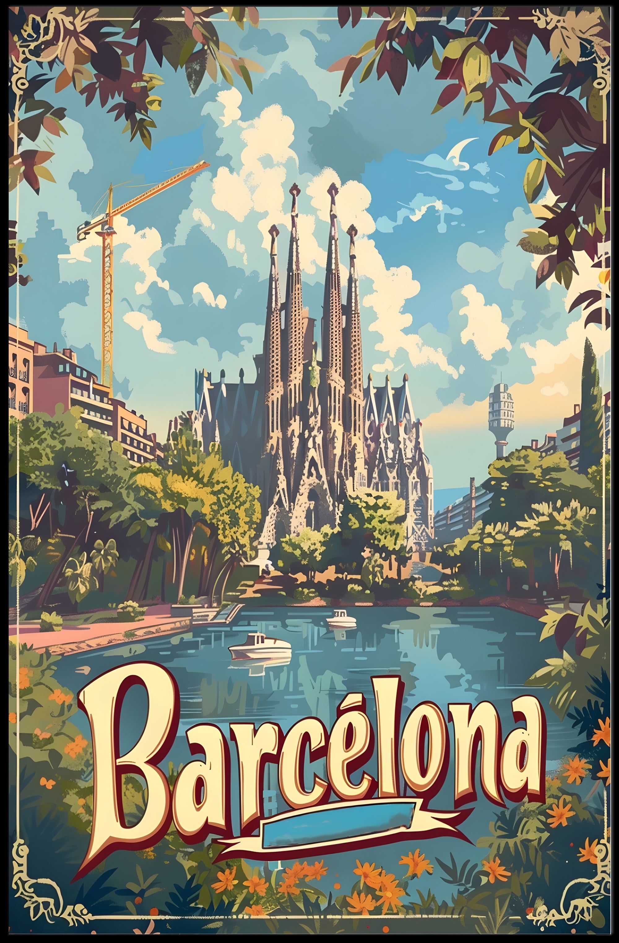 Barcelona Travel Poster with Sagrada Familia and Sunlit Scene