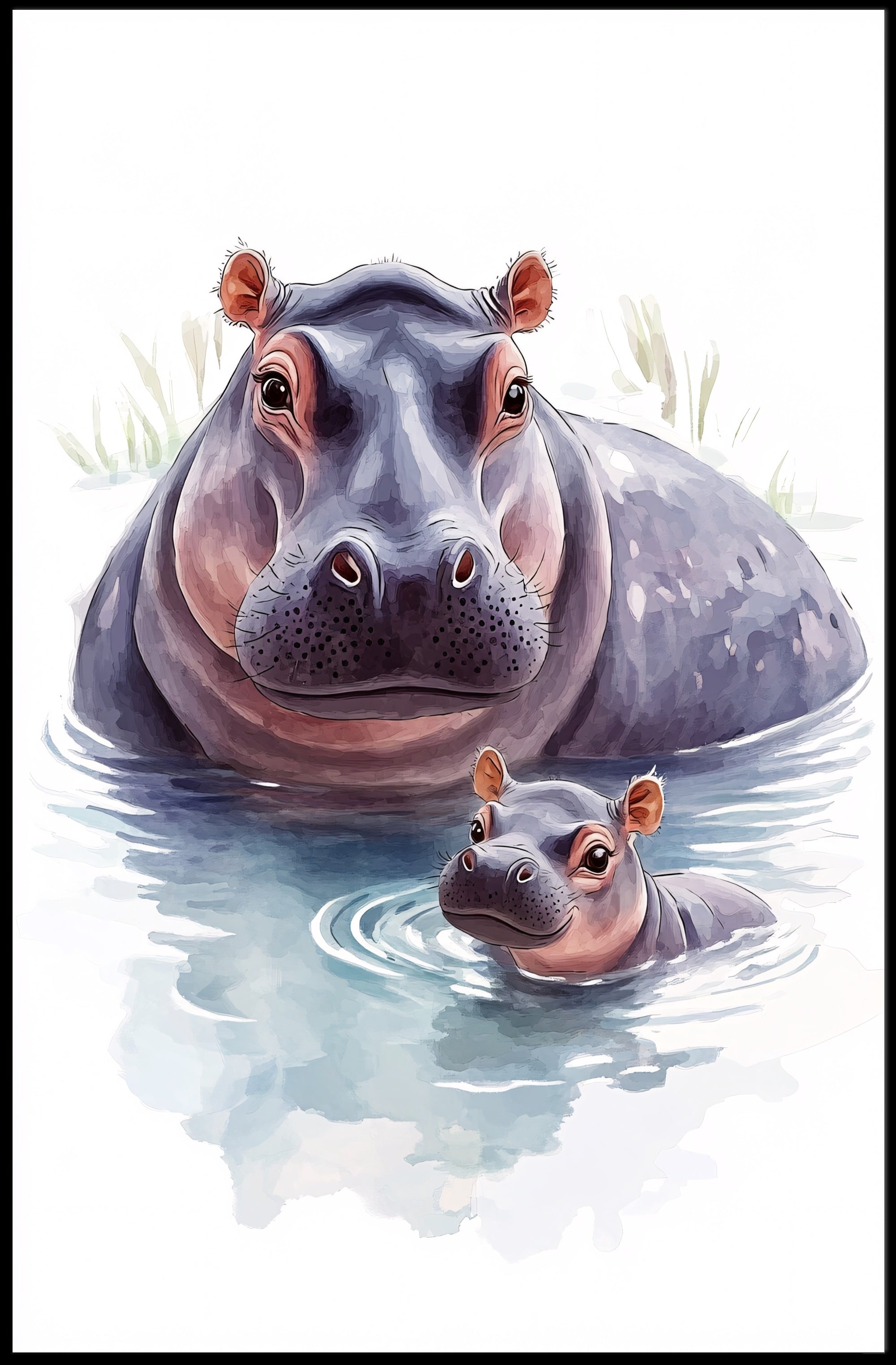 Mother and Baby Hippopotamus Digital Animal Poster