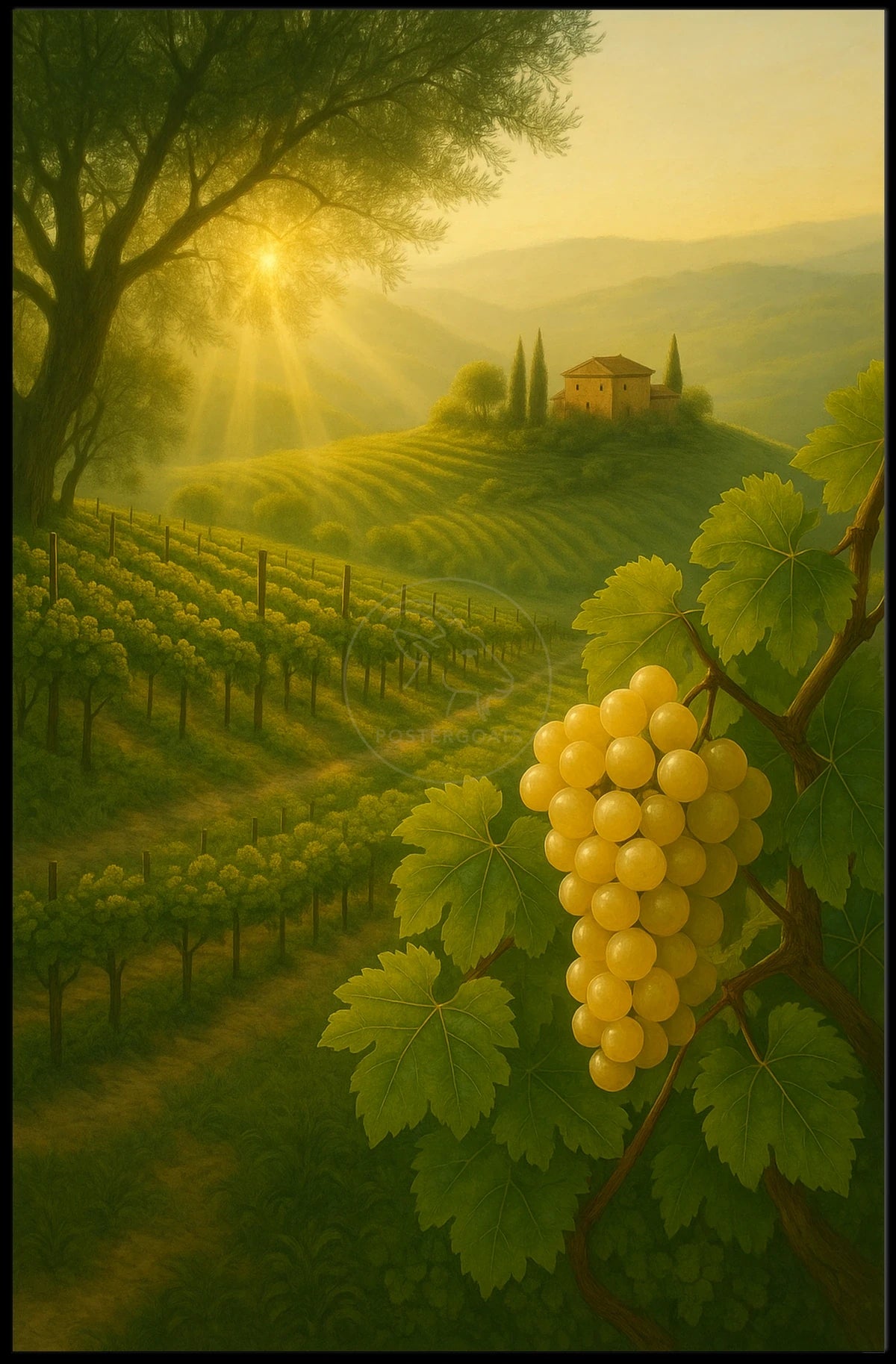 Serene Vineyard Landscape with Golden Grapes: Artistic Poster