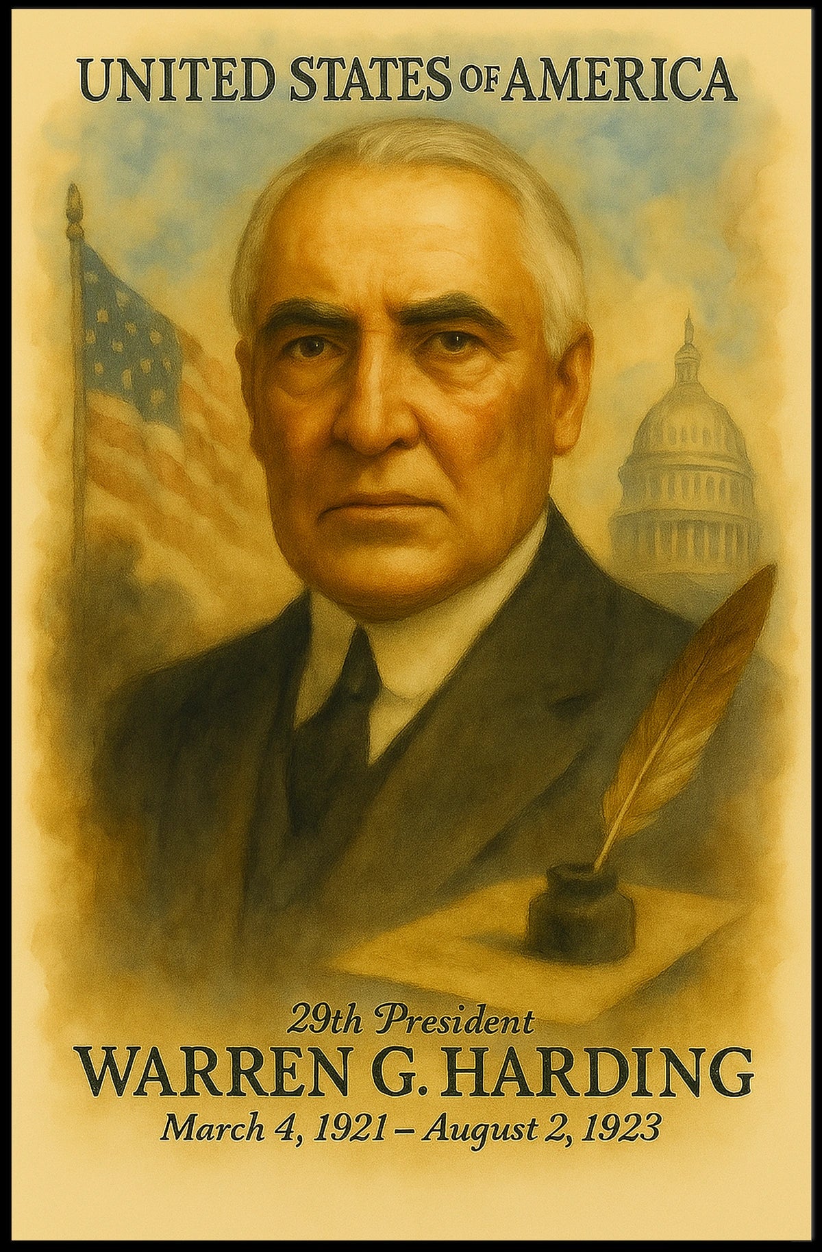 Warren G. Harding 29th President of the United States Vintage Watercolor Poster
