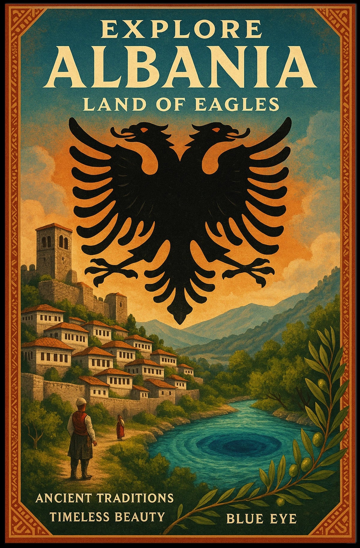 Albania Scenic Landscape Vintage Architecture Traditions Poster