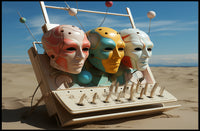 Futuristic Masks in Surreal Desert Sci-Fi Poster