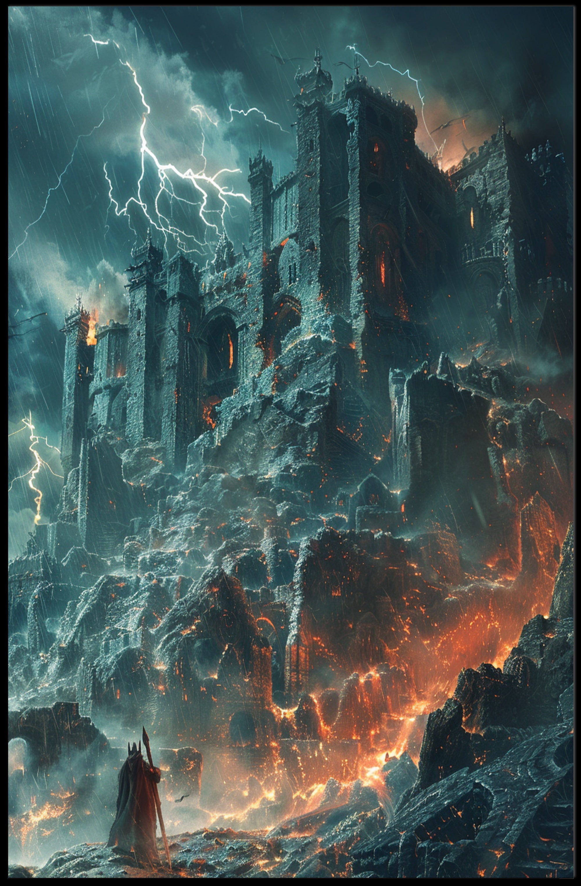 Dark Fortress in Fiery Storm - Fantasy or Mythology Poster PosterGoat