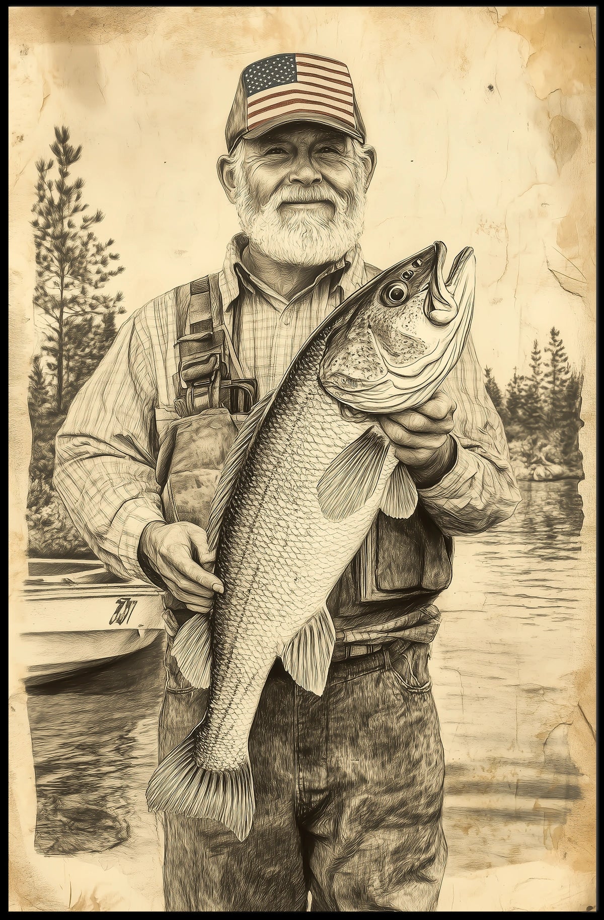 Vintage Style Fisherman Holding Large Bass Rustic Poster