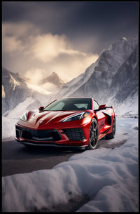 Red Sports Car in Snowy Mountains Poster PosterGoat
