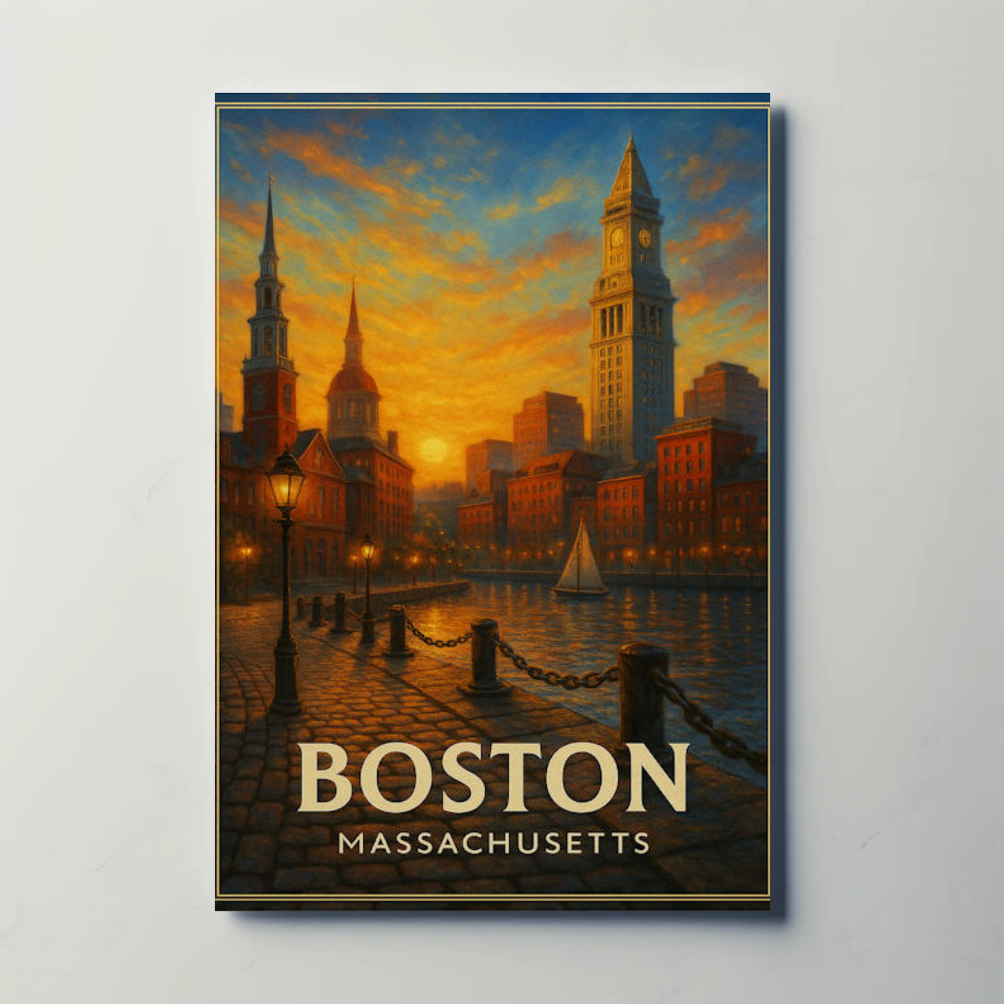 Boston Massachusetts Sunset Harbor Cityscape Travel Poster