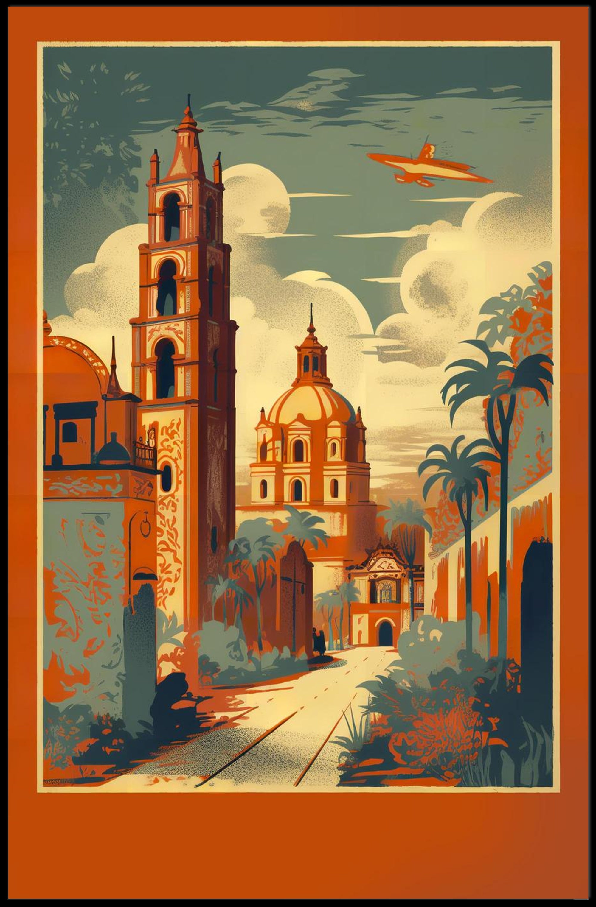 Vibrant Cityscape with Soaring Plane Poster