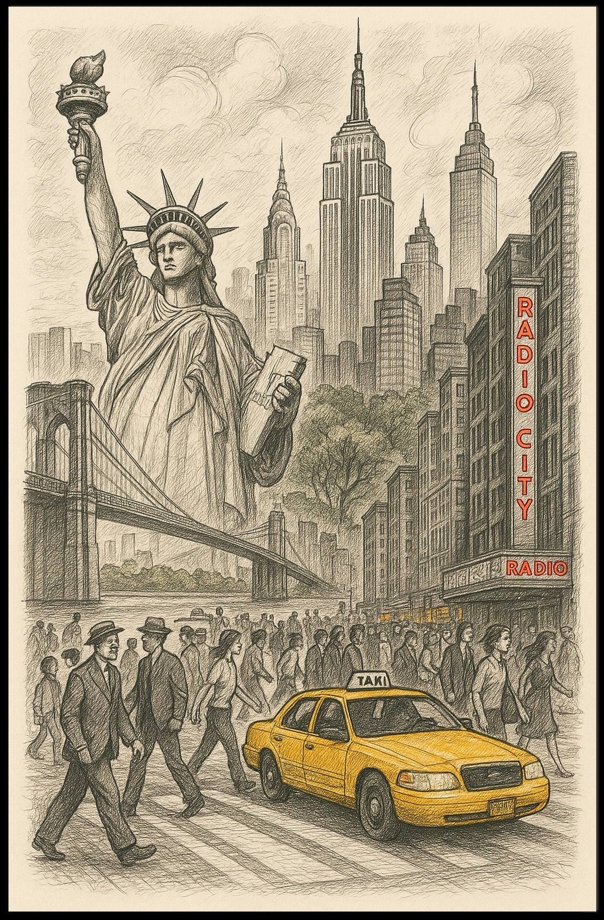 New York City Iconic Landmarks Poster Vintage Wall Art