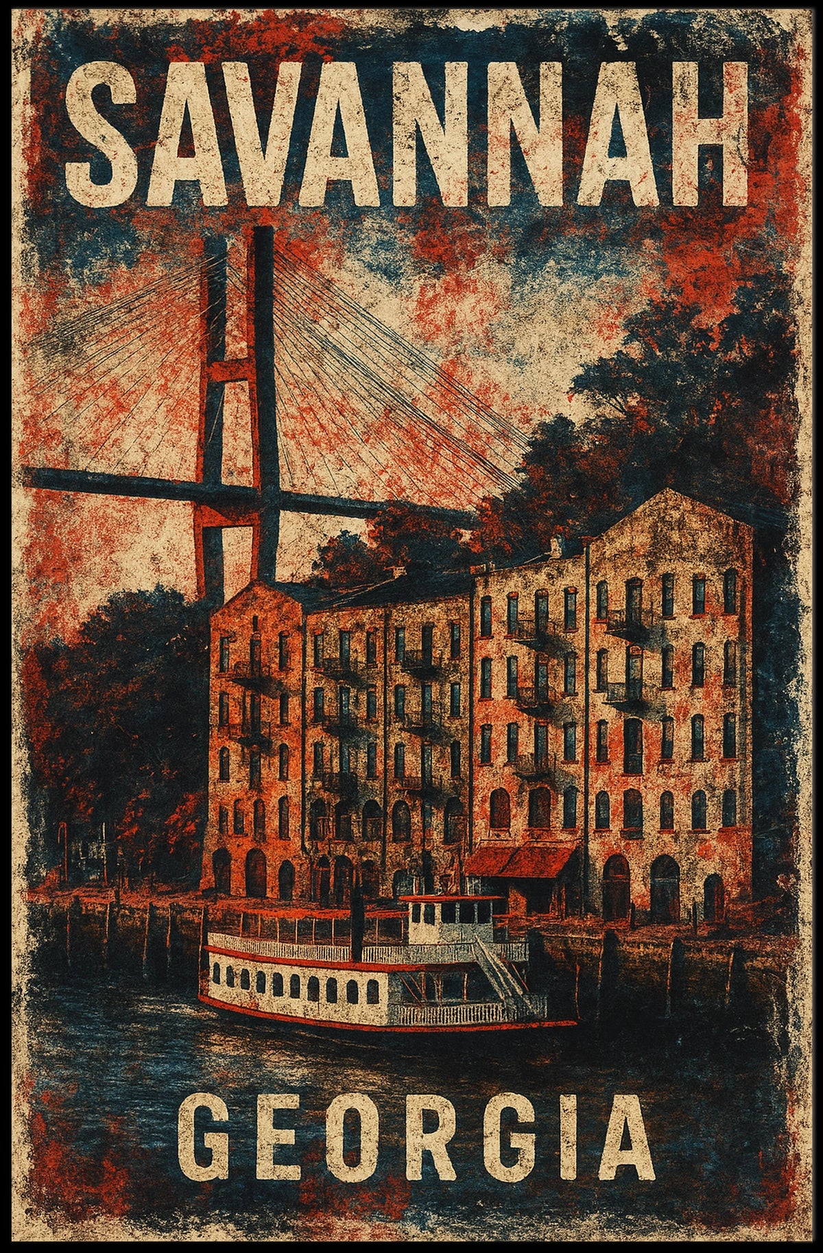 Savannah Riverboat Vintage Travel Heritage Art Deco Poster