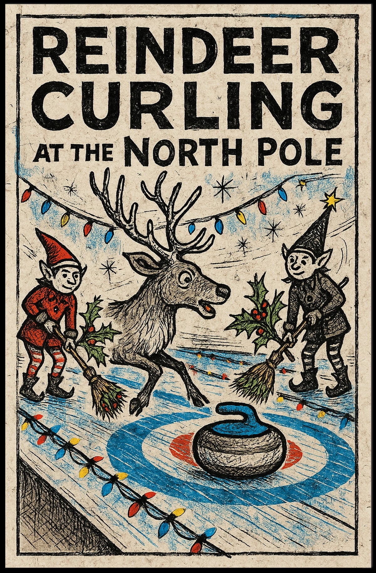 Reindeer Curling at the North Pole Poster