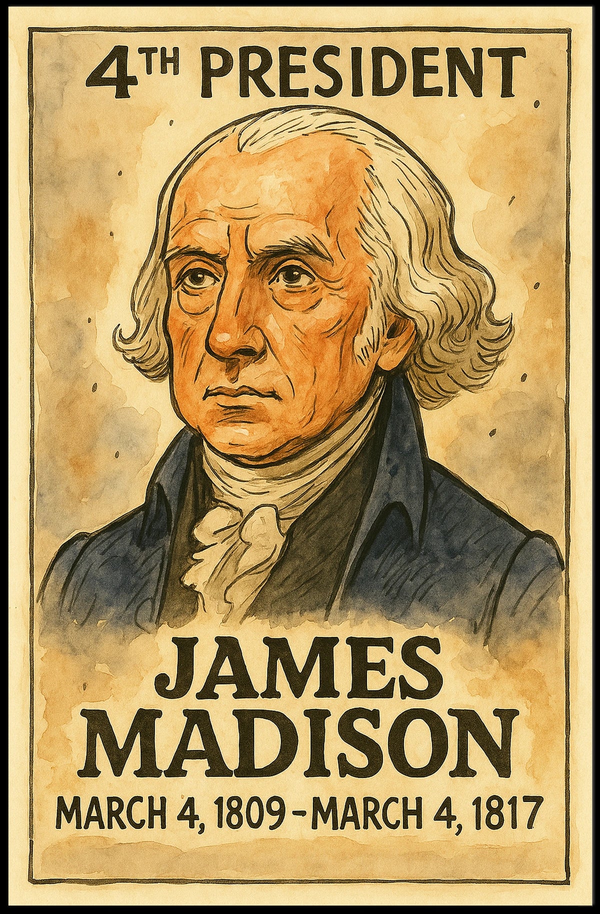 James Madison 4th President of the United States Exaggerated Cartoon Sketch Poster