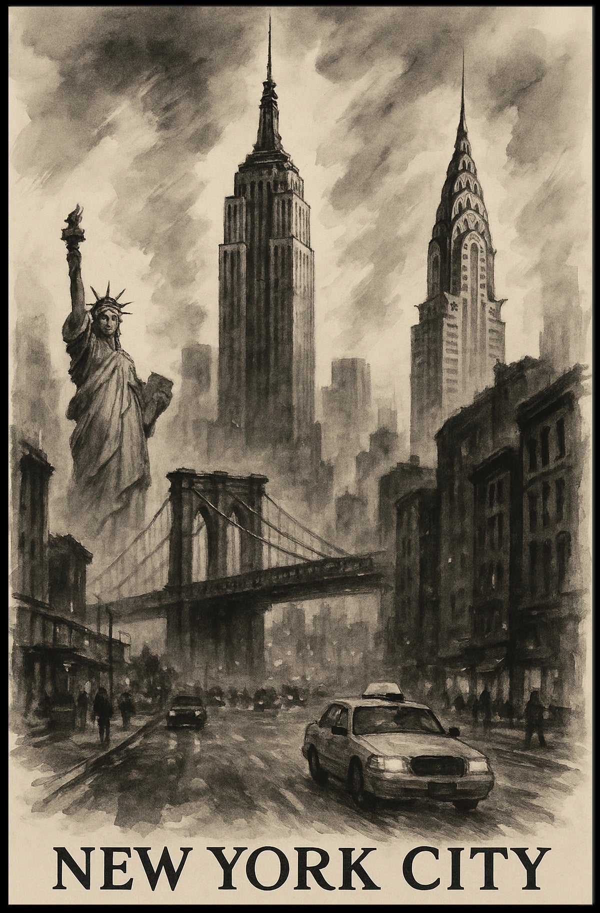 New York City Landmarks Cityscape Poster Vintage Wall Art